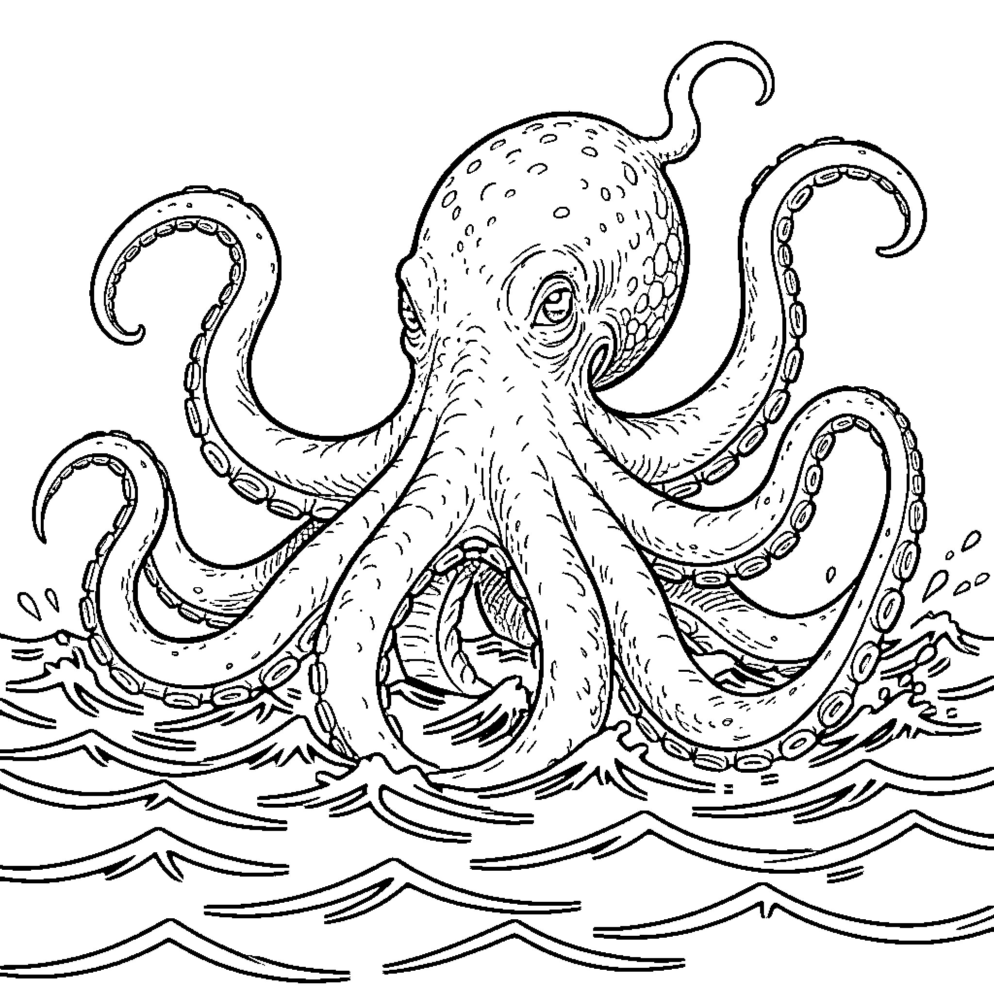 Kraken unleashed in the stormy seas Coloring Page (free black-and-white line drawing printable PDF for all, from beginners to advanced learners, including children, teens, adults, and seniors)