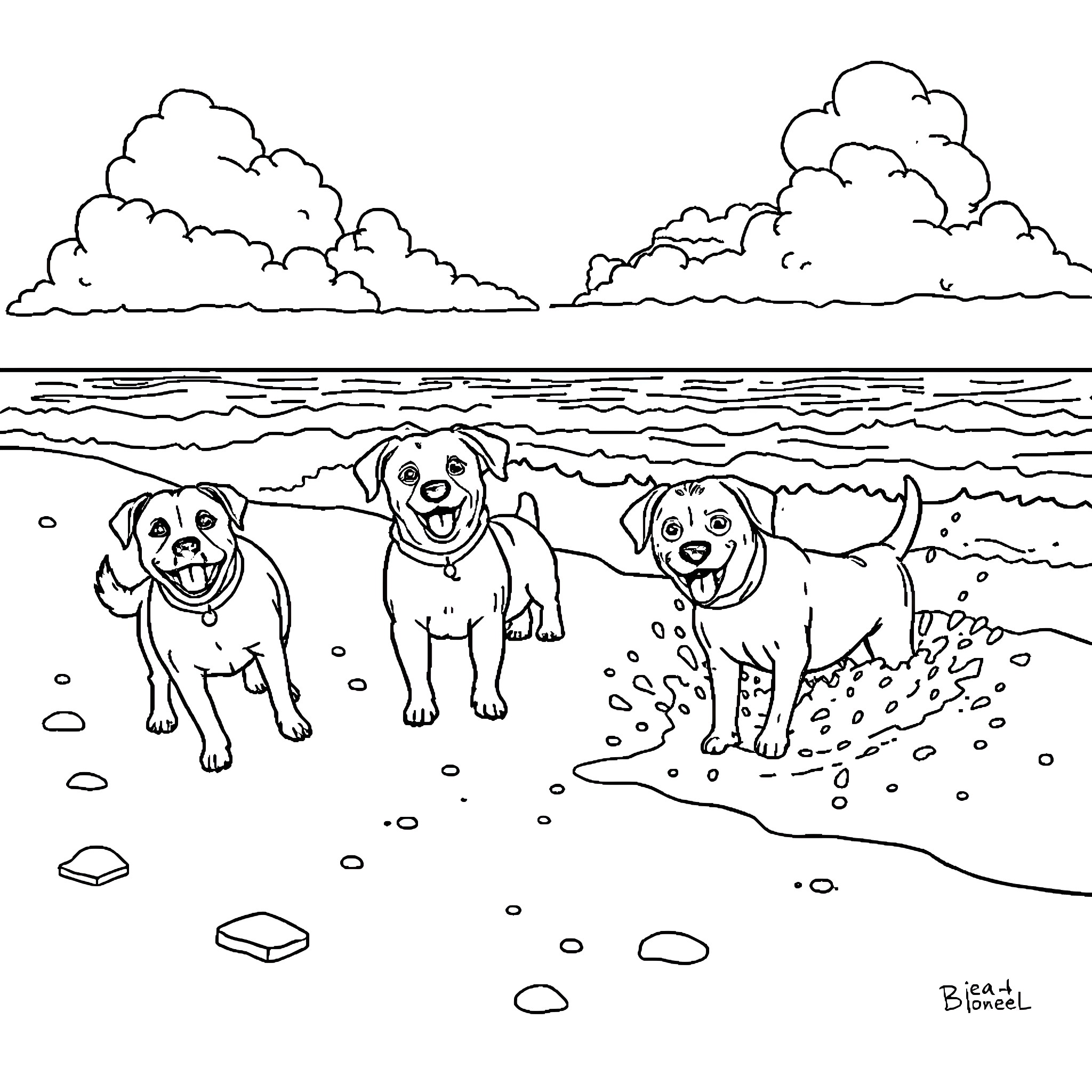 Dogs playing happily on the beach Coloring Page (free black-and-white line drawing printable PDF for all, from beginners to advanced learners, including children, teens, adults, and seniors)