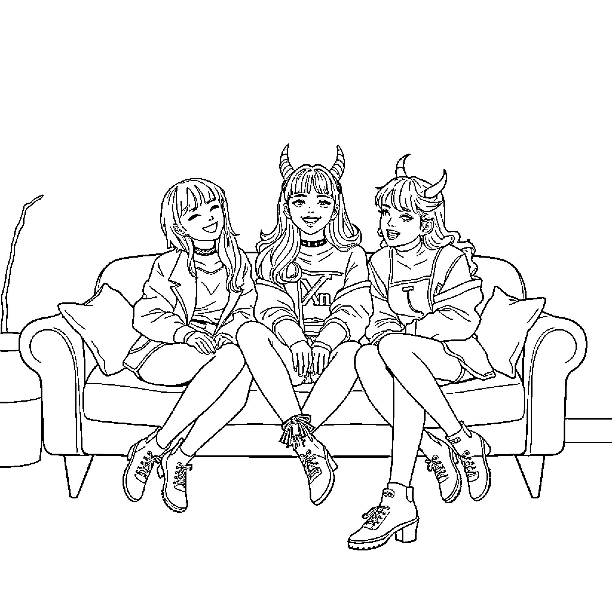 Kpop Demon Hunters Relax on Couch Coloring Page (free black-and-white line drawing printable PDF for all, from beginners to advanced learners, including children, teens, adults, and seniors)
