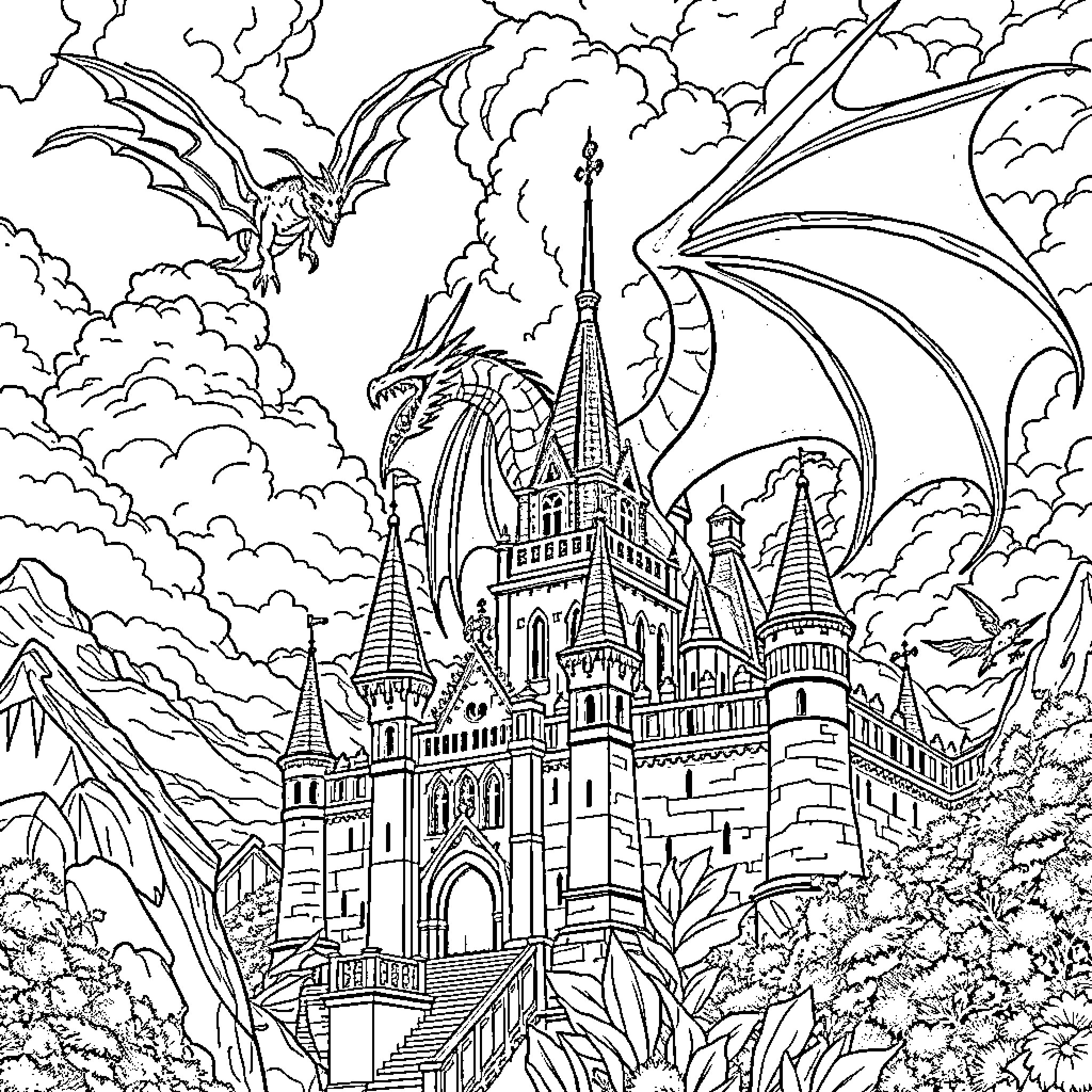 Dragon guards the magical castle in the clouds Coloring Page (free black-and-white line drawing printable PDF for all, from beginners to advanced learners, including children, teens, adults, and seniors)