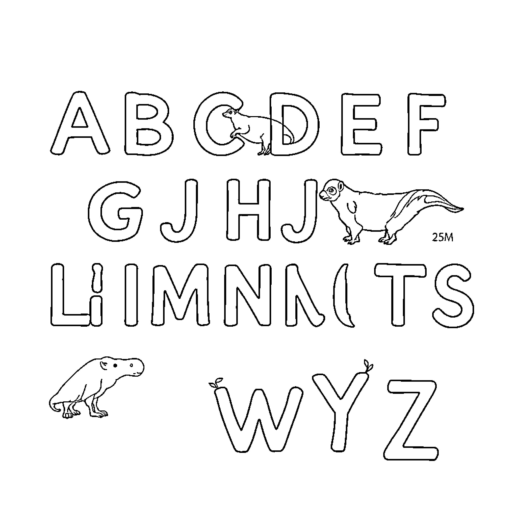 Animal alphabet characters featuring dinosaurs Coloring Page (free black-and-white line drawing printable PDF for all, from beginners to advanced learners, including children, teens, adults, and seniors)