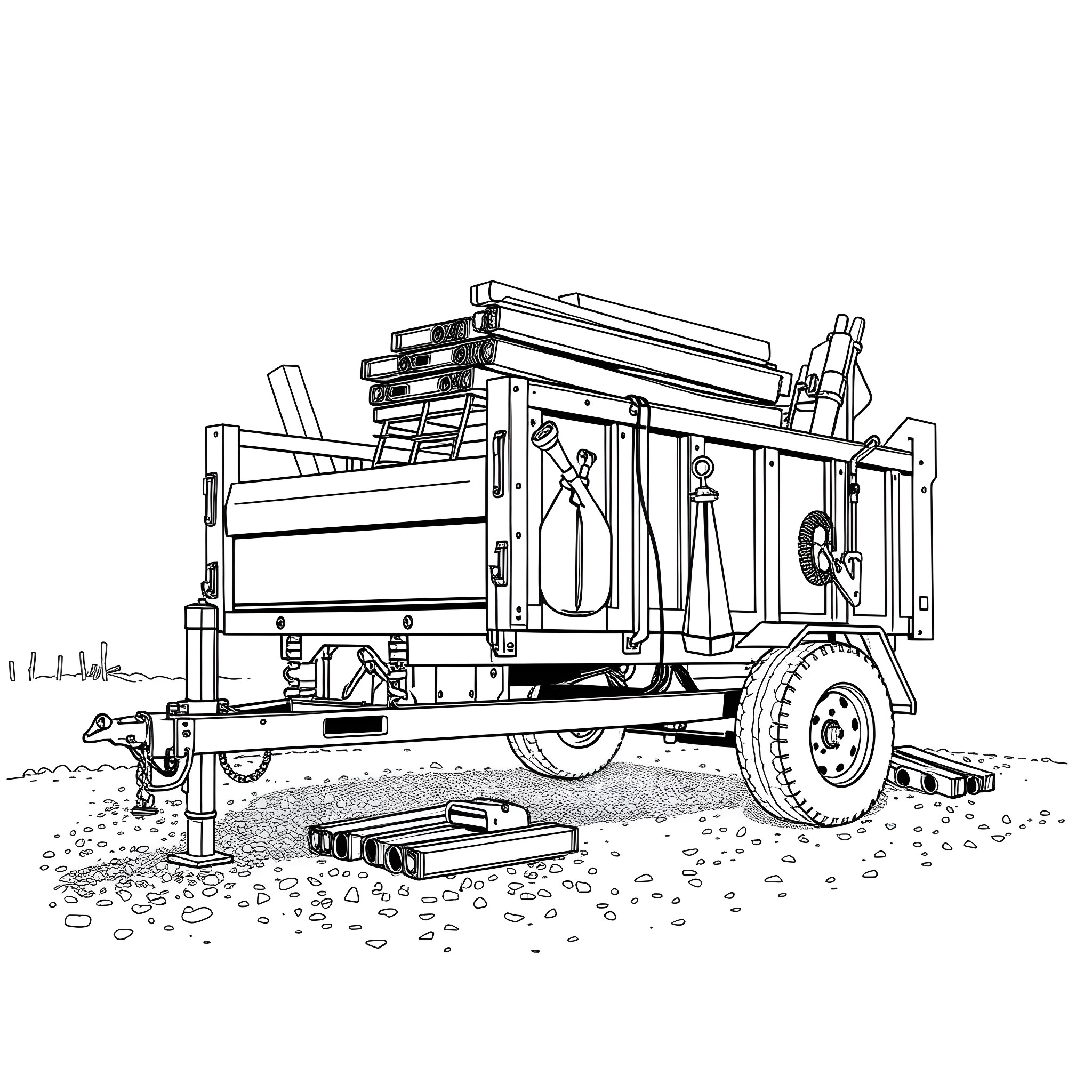Utility Dump Trailer with various construction tools Coloring Page (free black-and-white line drawing printable PDF for all, from beginners to advanced learners, including children, teens, adults, and seniors)