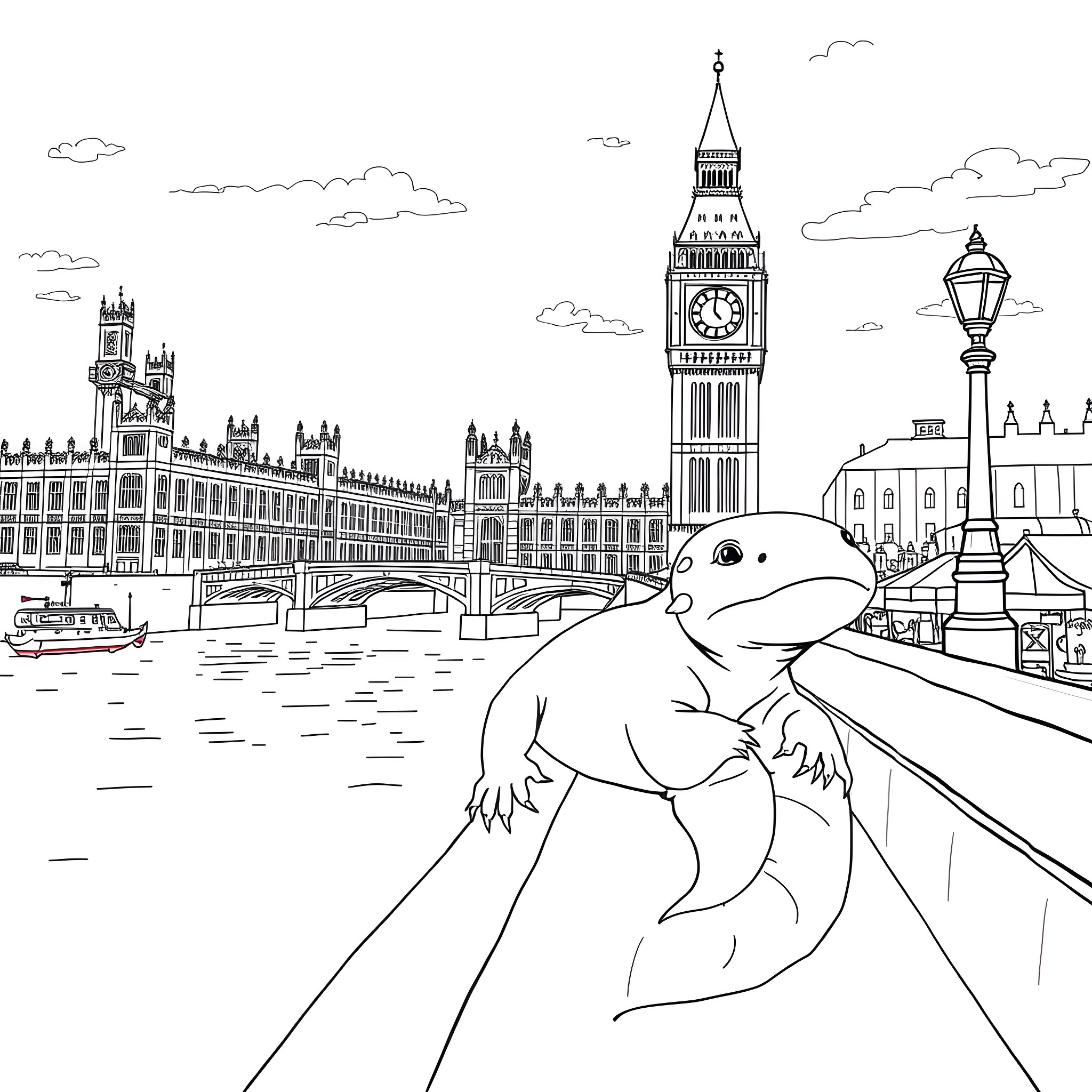 Axolotl exploring the iconic London landscape Coloring Page (free black-and-white line drawing printable PDF for all, from beginners to advanced learners, including children, teens, adults, and seniors)