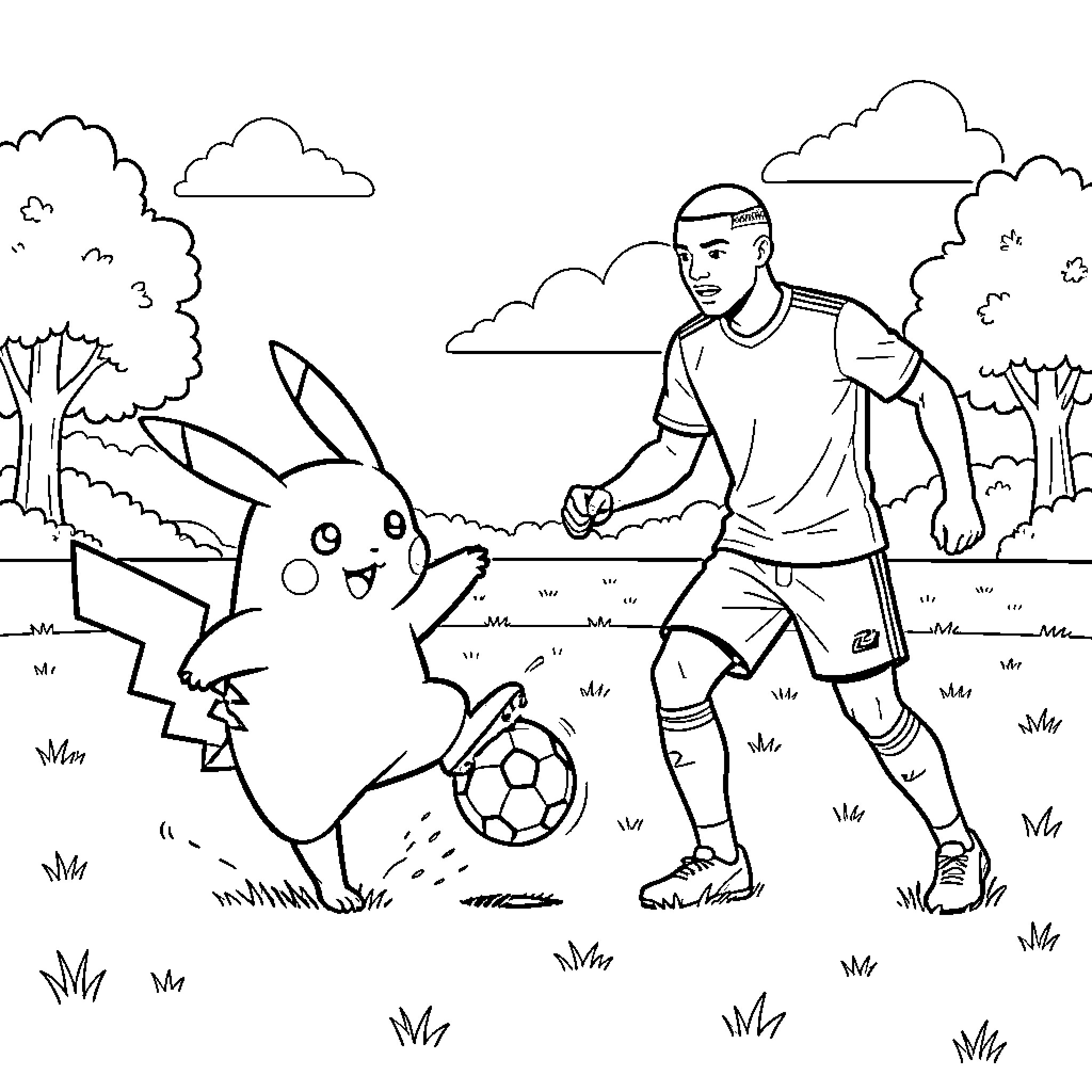 Pikachu playing soccer with a young boy Coloring Page (free black-and-white line drawing printable PDF for all, from beginners to advanced learners, including children, teens, adults, and seniors)