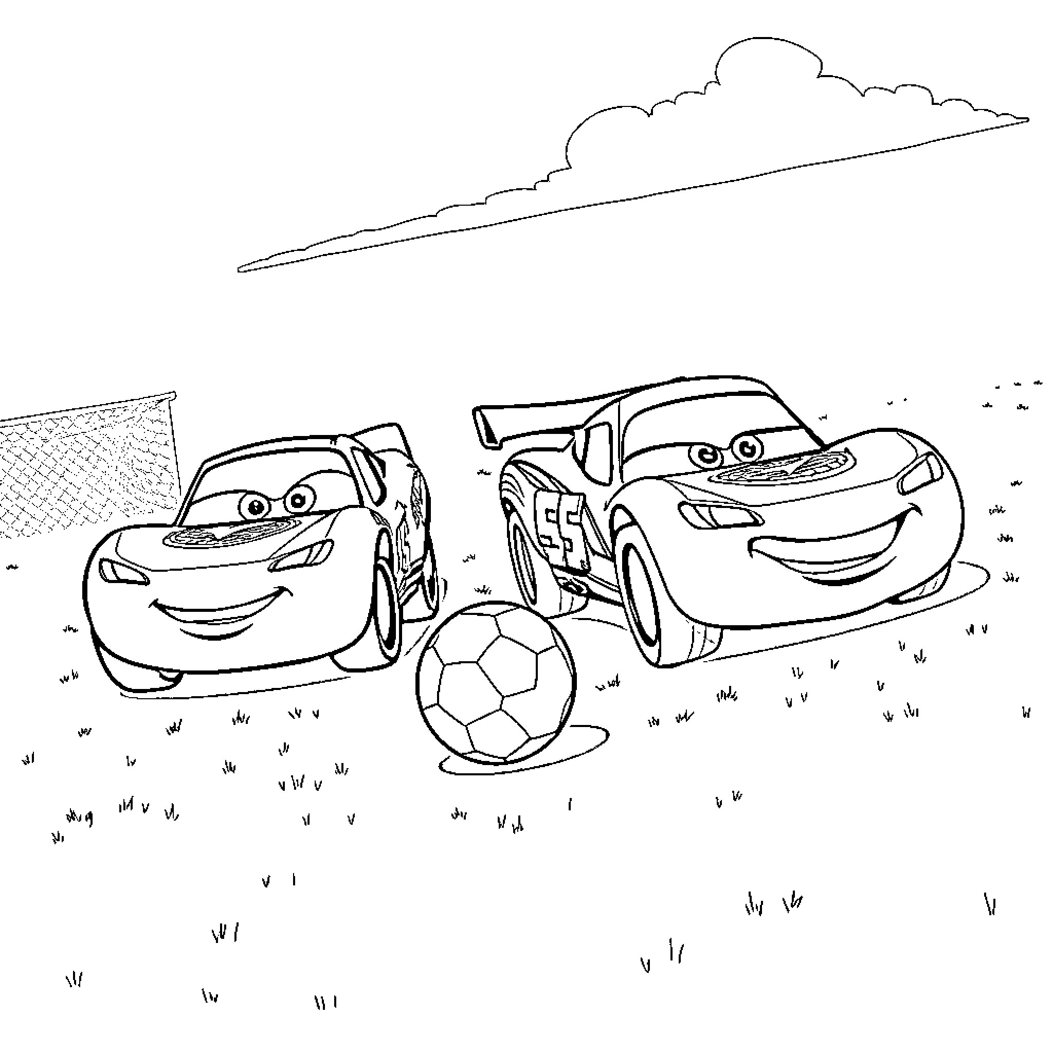 Lightning McQueen playing soccer with friends Coloring Page (free black-and-white line drawing printable PDF for all, from beginners to advanced learners, including children, teens, adults, and seniors)