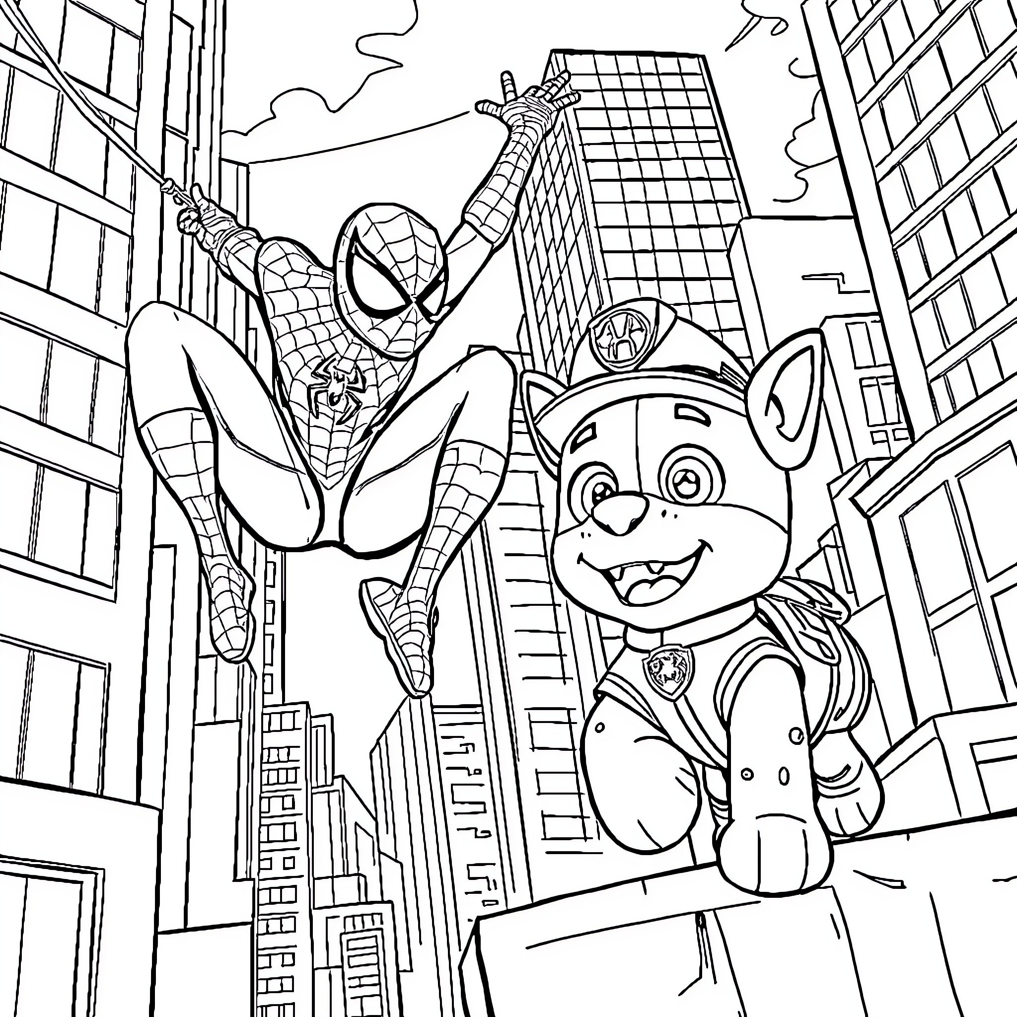 Spider-Man Swinging Through the City with Paw Patrol Pup Coloring Page (free black-and-white line drawing printable PDF for all, from beginners to advanced learners, including children, teens, adults, and seniors)