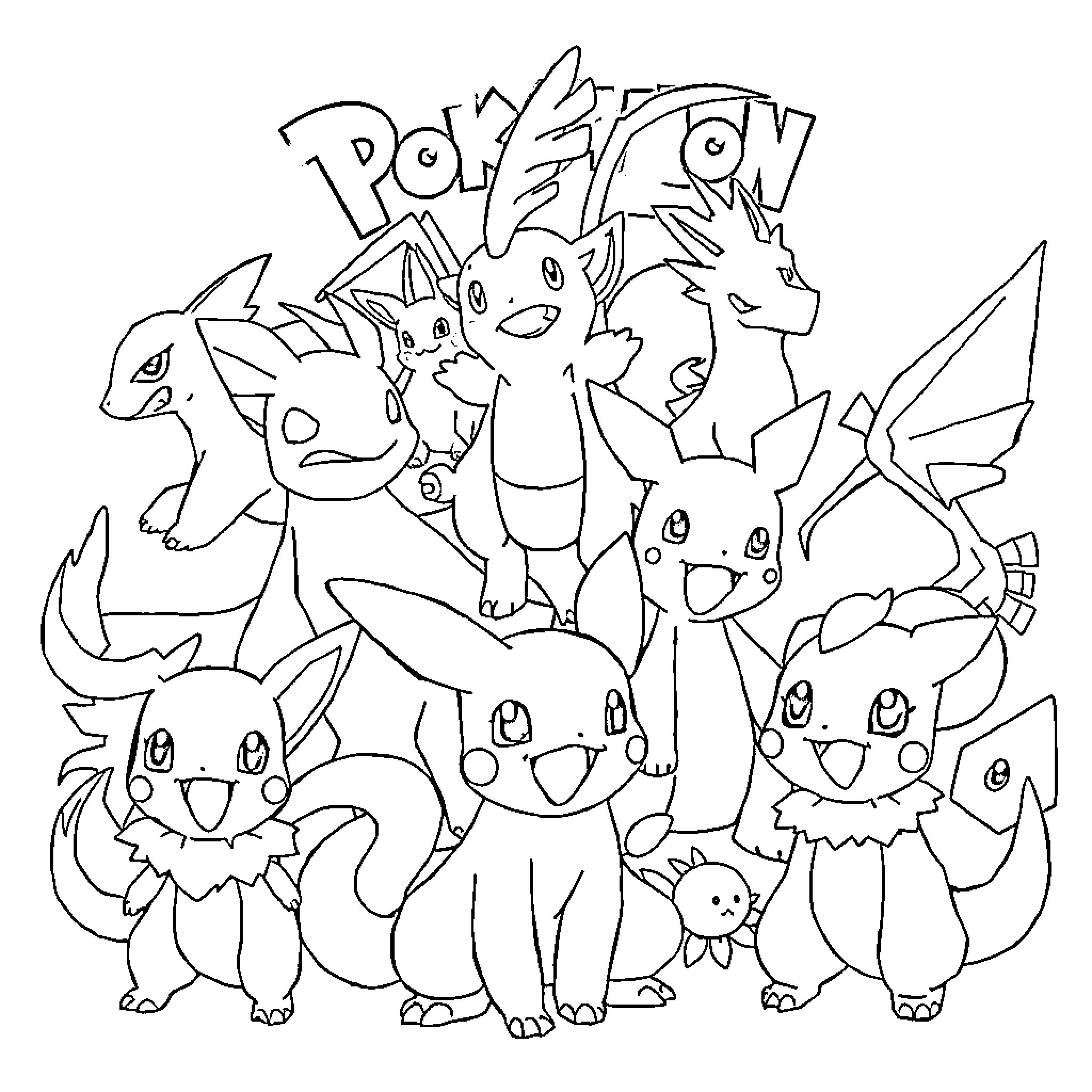 Pokémon characters gathered in playful pose Coloring Page (free black-and-white line drawing printable PDF for all, from beginners to advanced learners, including children, teens, adults, and seniors)