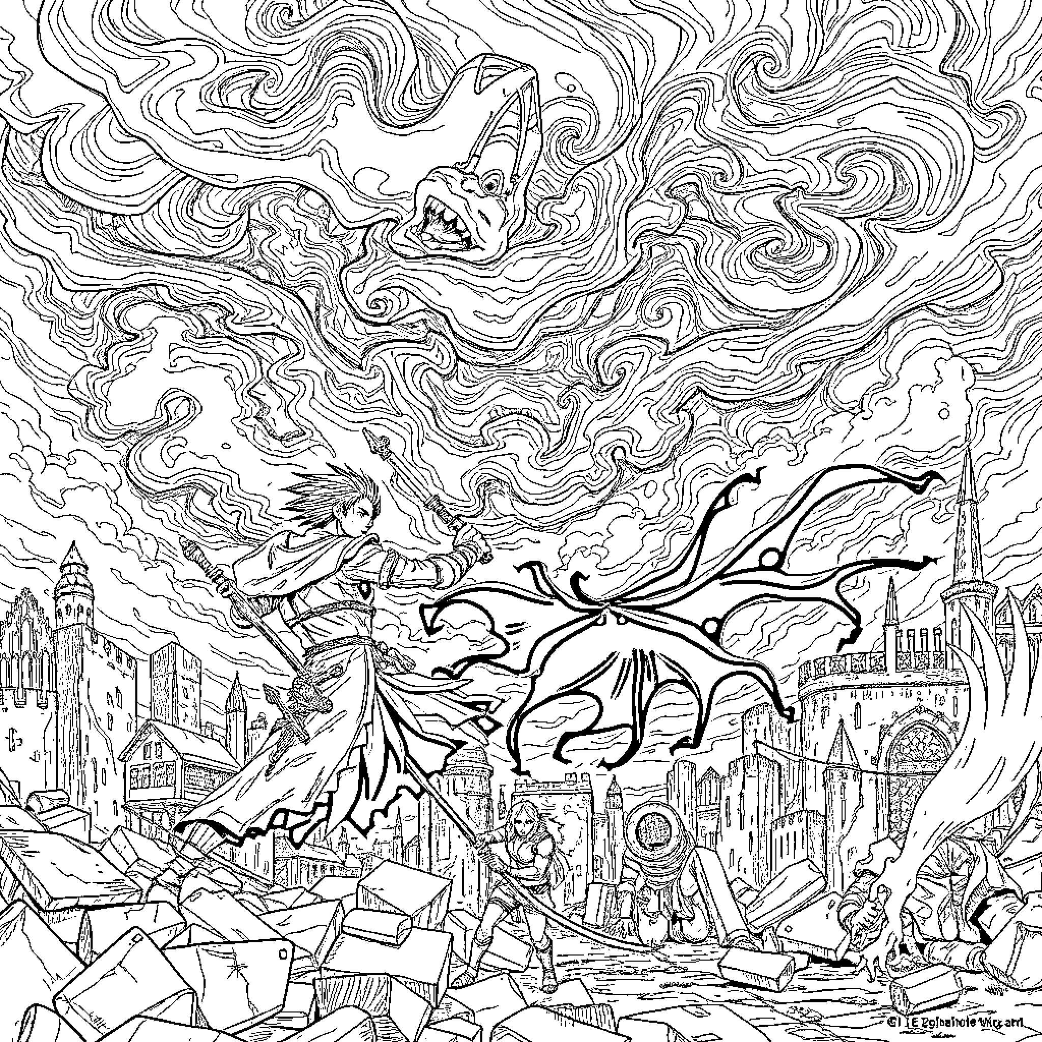 Noctis - Fantasy Characters Battling in Chaotic City Scene Coloring Page (free black-and-white line drawing printable PDF for all, from beginners to advanced learners, including children, teens, adults, and seniors)