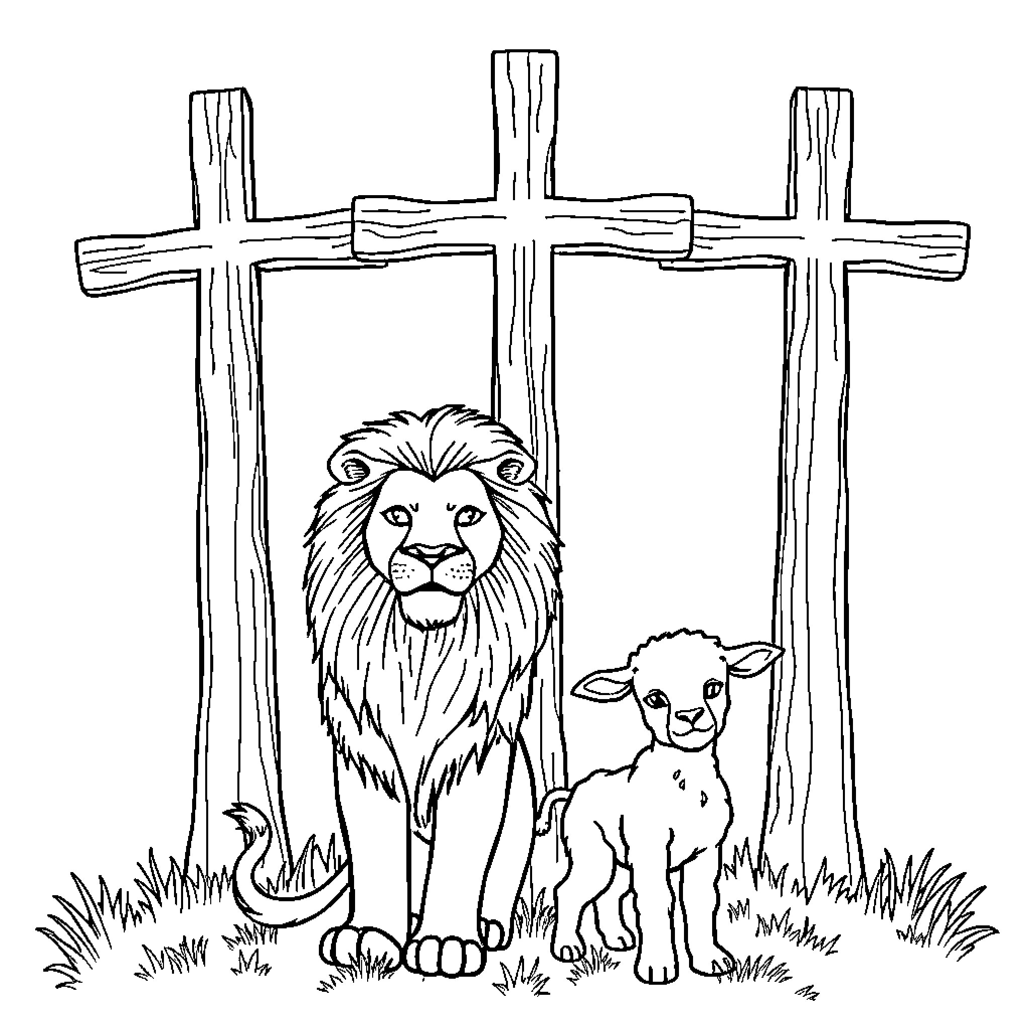 Lion and Lamb under Wooden Crosses Coloring Page (free black-and-white line drawing printable PDF for all, from beginners to advanced learners, including children, teens, adults, and seniors)