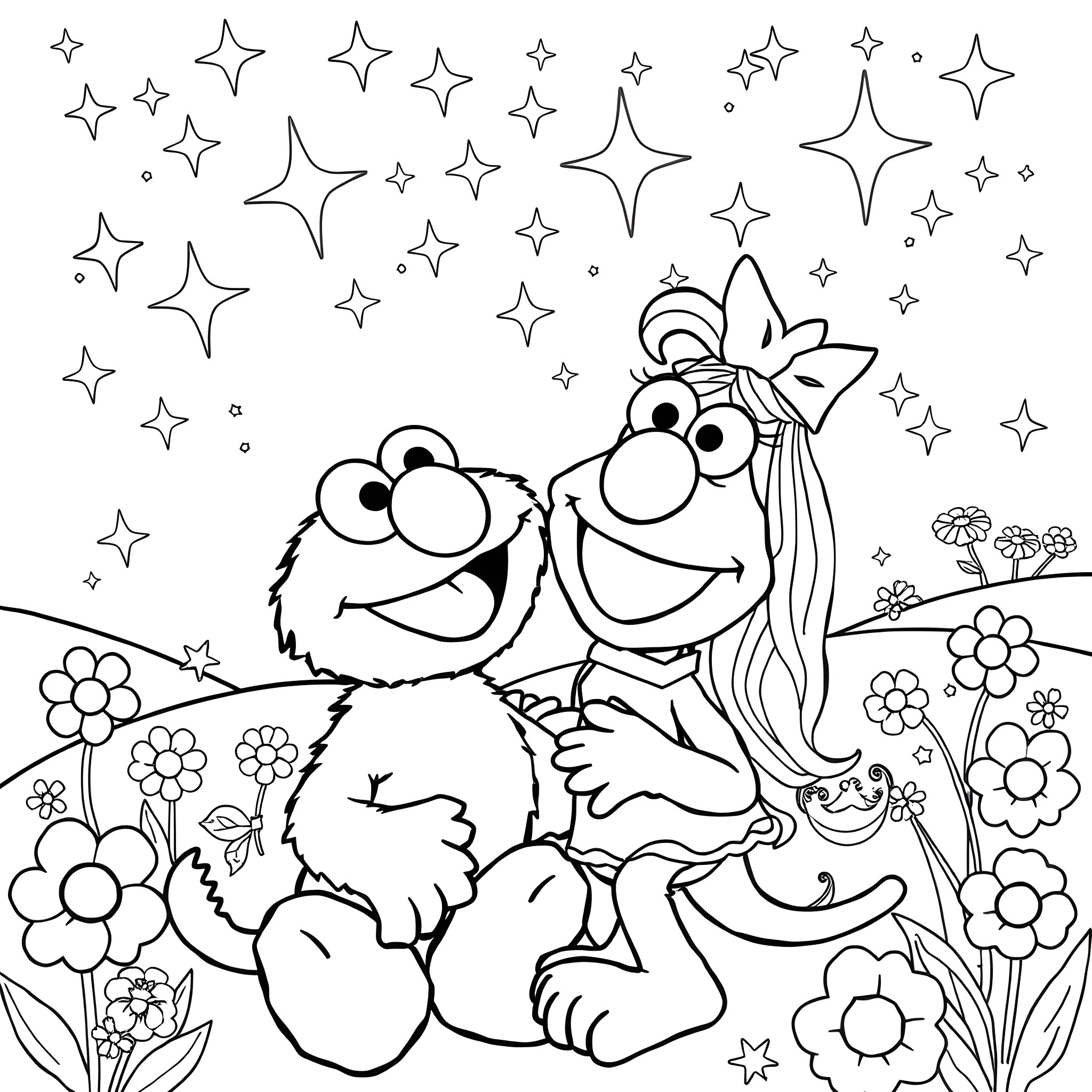 Elmo and Abby playing in a starry field of flowers Coloring Page (free black-and-white line drawing printable PDF for all, from beginners to advanced learners, including children, teens, adults, and seniors)