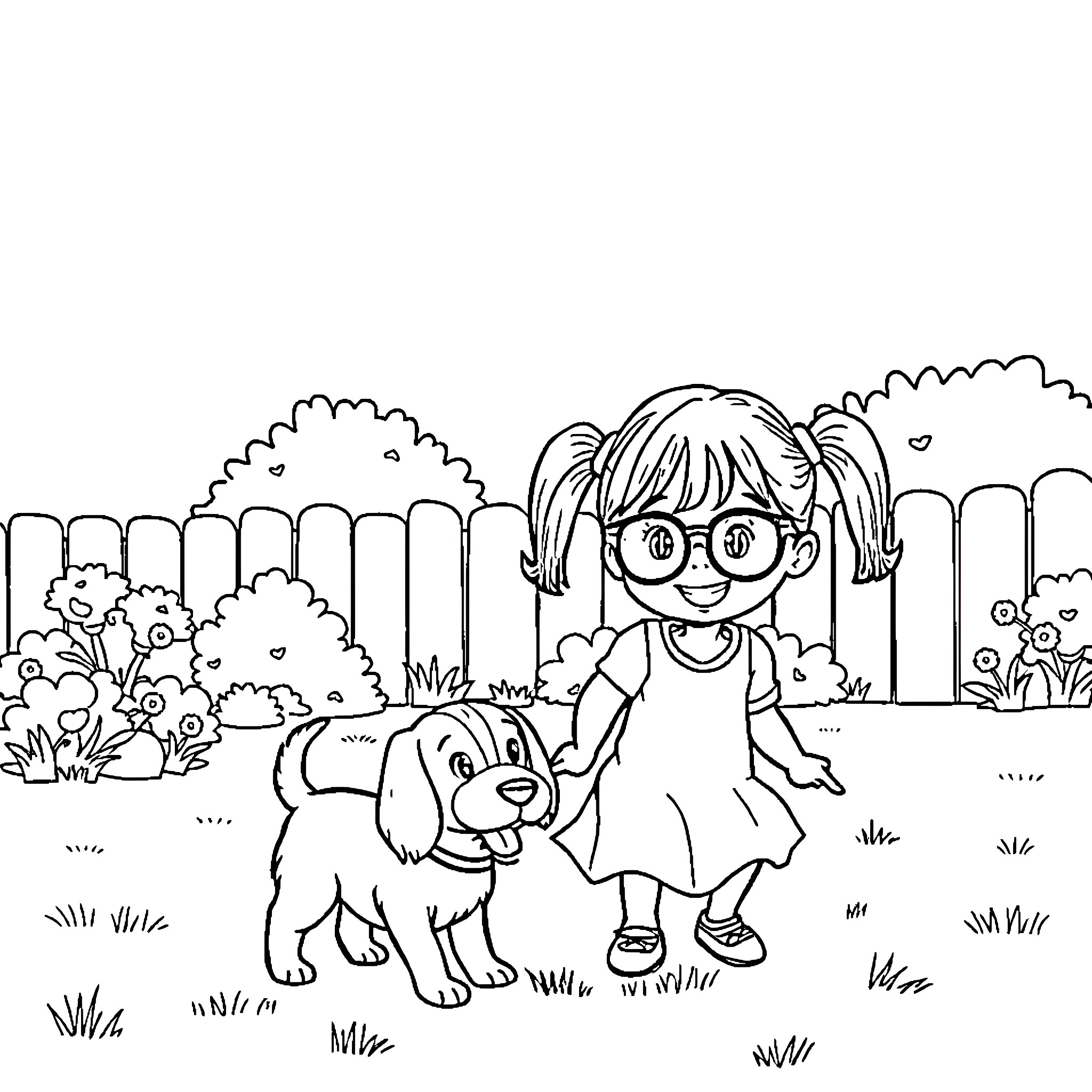 Daughter playing with her dog in the garden Coloring Page (free black-and-white line drawing printable PDF for all, from beginners to advanced learners, including children, teens, adults, and seniors)