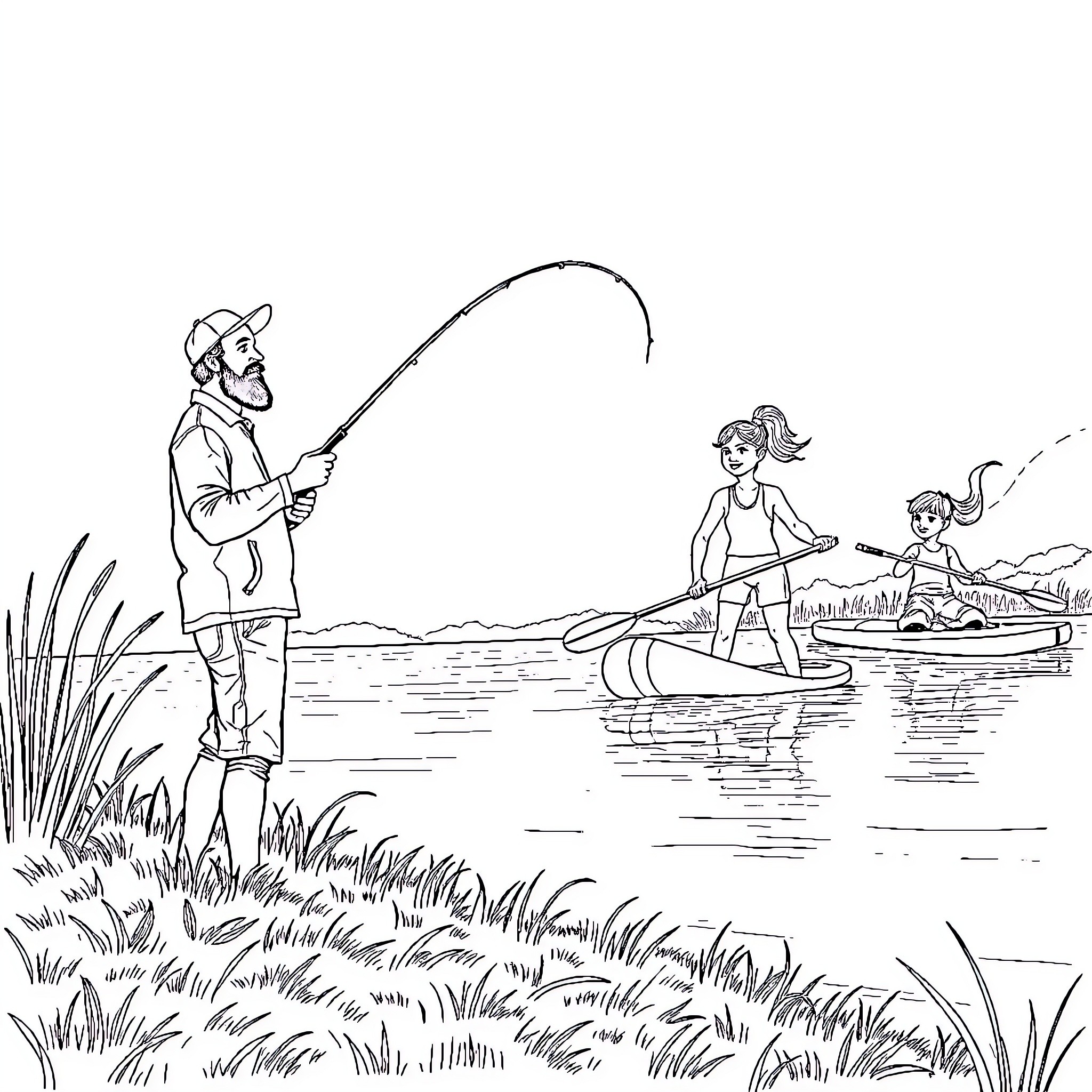 Father fishing with children on the lake Coloring Page (free black-and-white line drawing printable PDF for all, from beginners to advanced learners, including children, teens, adults, and seniors)