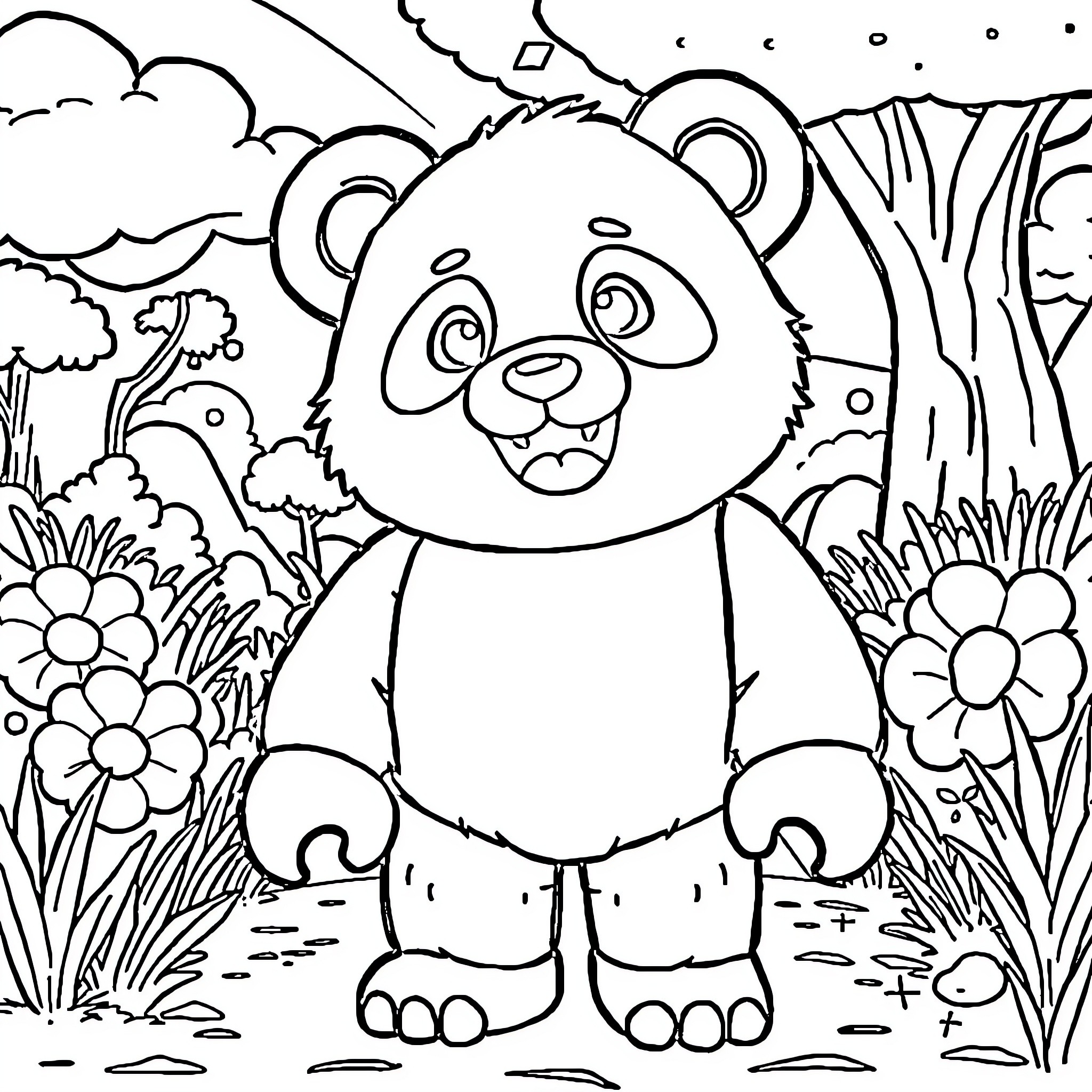 Panda exploring the floral landscape Coloring Page (free black-and-white line drawing printable PDF for all, from beginners to advanced learners, including children, teens, adults, and seniors)