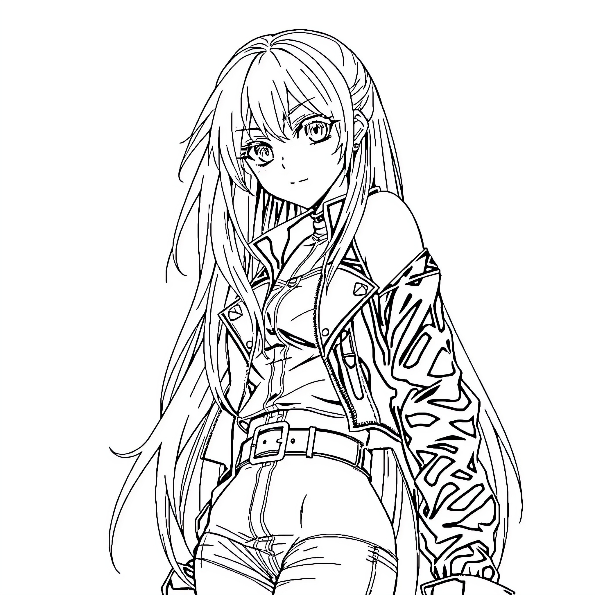 Anime Girl in Adventurous Outfit Coloring Page (free black-and-white line drawing printable PDF for all, from beginners to advanced learners, including children, teens, adults, and seniors)