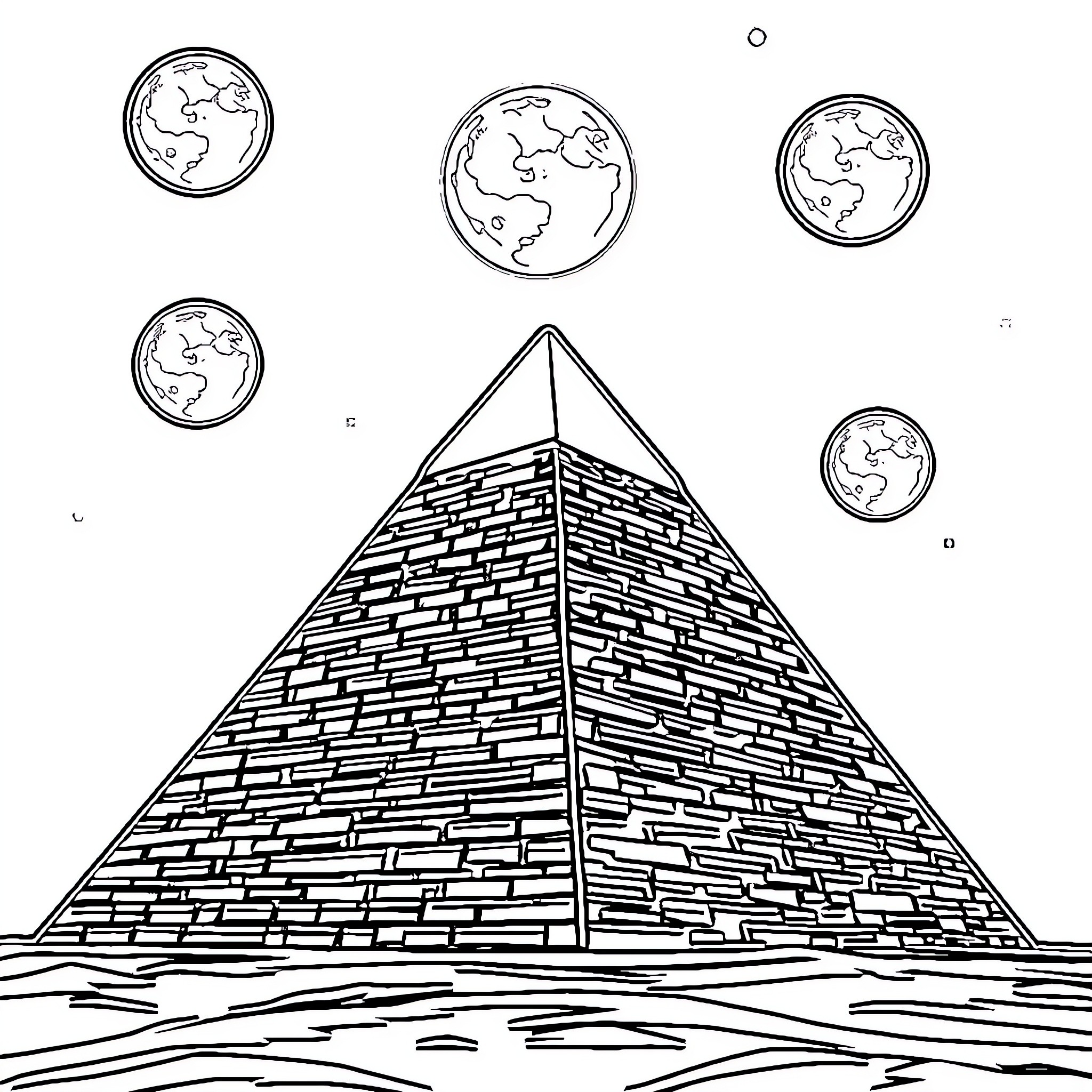 Pyramid of Earth Globes in a Surreal Landscape Coloring Page (free black-and-white line drawing printable PDF for all, from beginners to advanced learners, including children, teens, adults, and seniors)