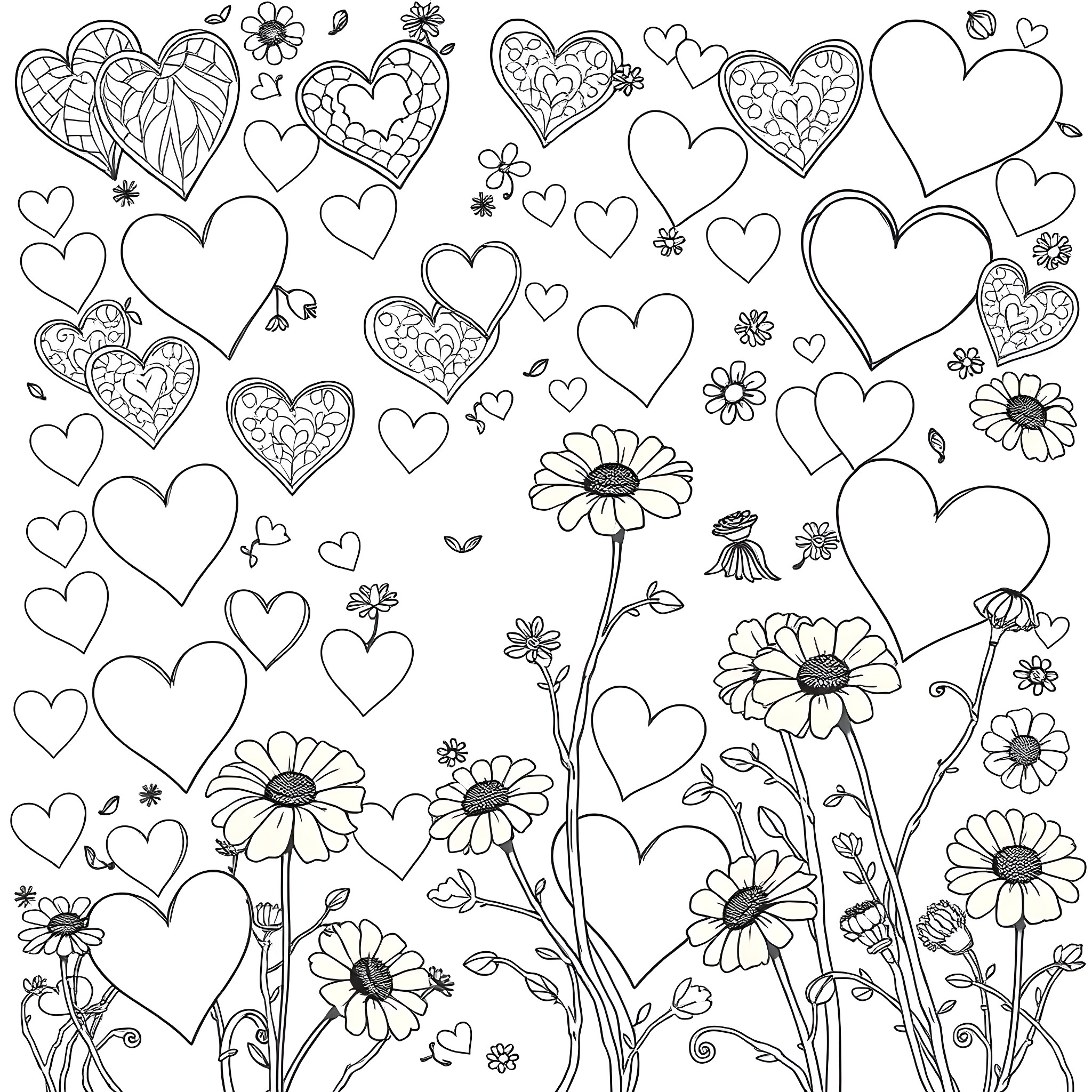 Heart-shaped flowers and butterflies in a garden Coloring Page (free black-and-white line drawing printable PDF for all, from beginners to advanced learners, including children, teens, adults, and seniors)