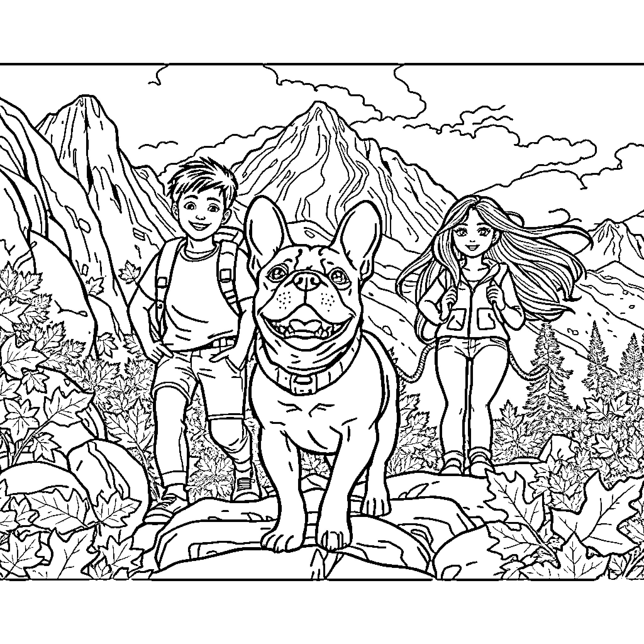 French Bulldog Enjoying Nature with Friends Coloring Page (free black-and-white line drawing printable PDF for all, from beginners to advanced learners, including children, teens, adults, and seniors)