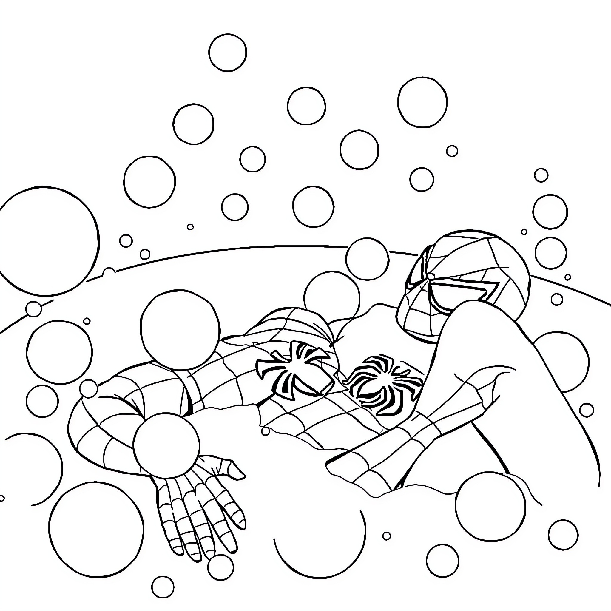 Spiderman swinging through a whimsical bubble-filled landscape Coloring Page (free black-and-white line drawing printable PDF for all, from beginners to advanced learners, including children, teens, adults, and seniors)