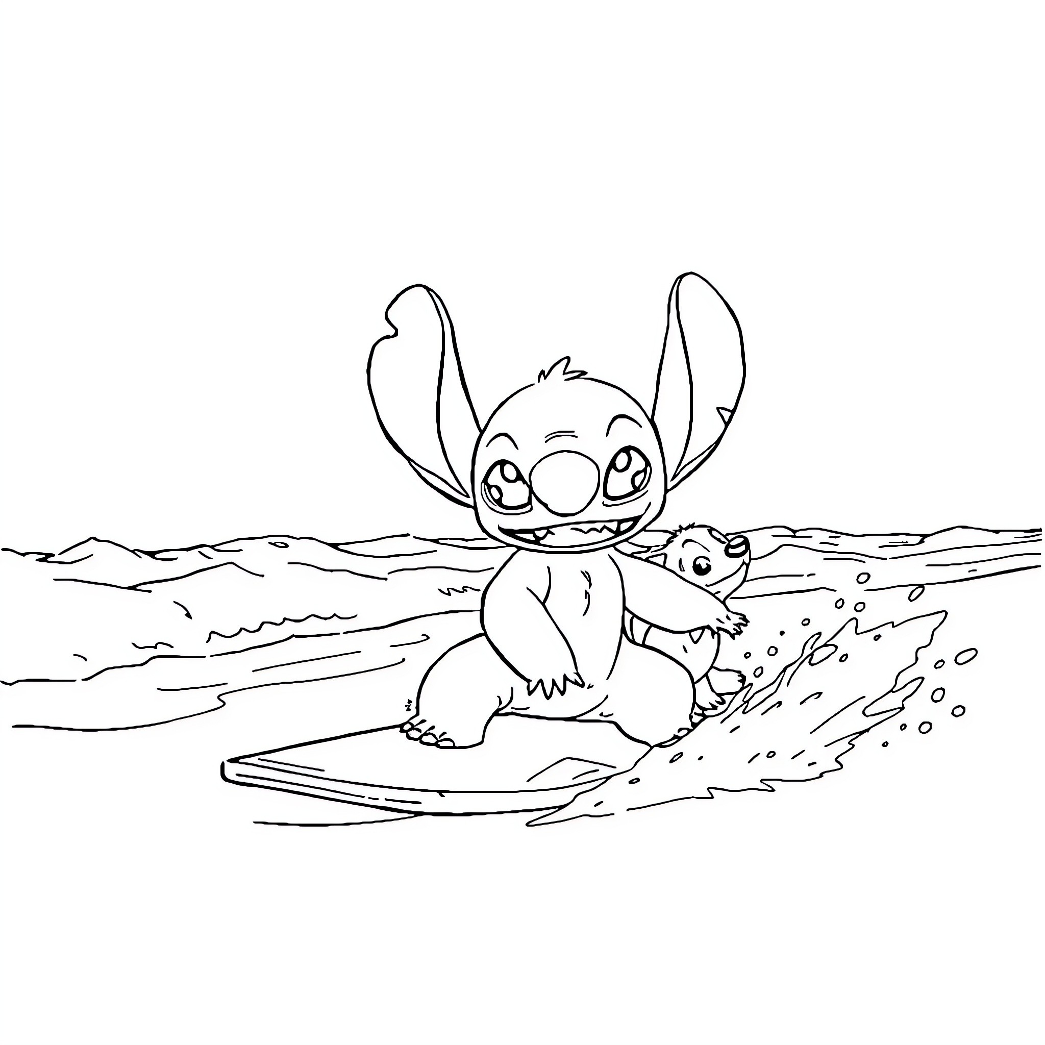 Stitch surfing joyfully with his friend Coloring Page (free black-and-white line drawing printable PDF for all, from beginners to advanced learners, including children, teens, adults, and seniors)