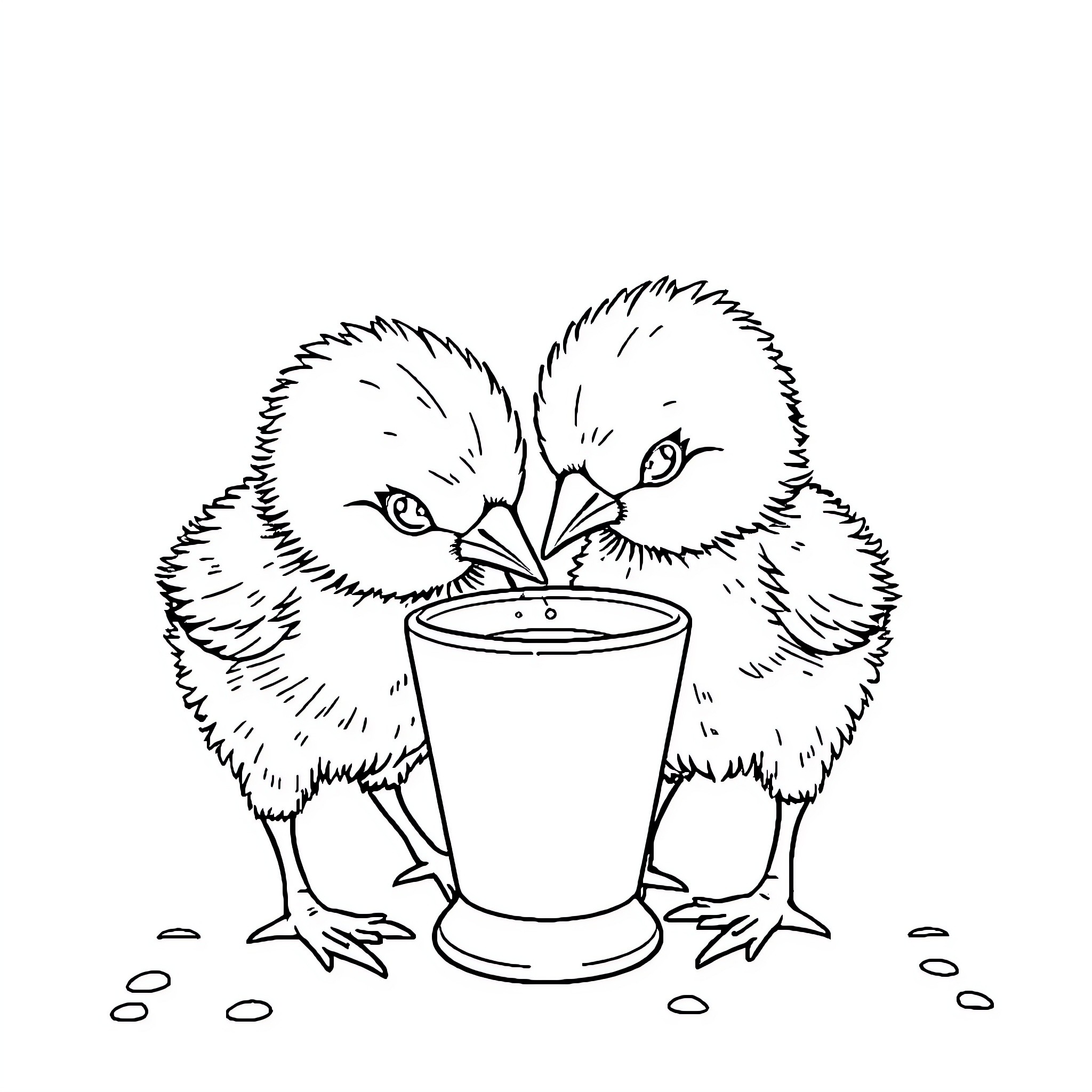 Chicks sharing a drinking cup Coloring Page (free black-and-white line drawing printable PDF for all, from beginners to advanced learners, including children, teens, adults, and seniors)