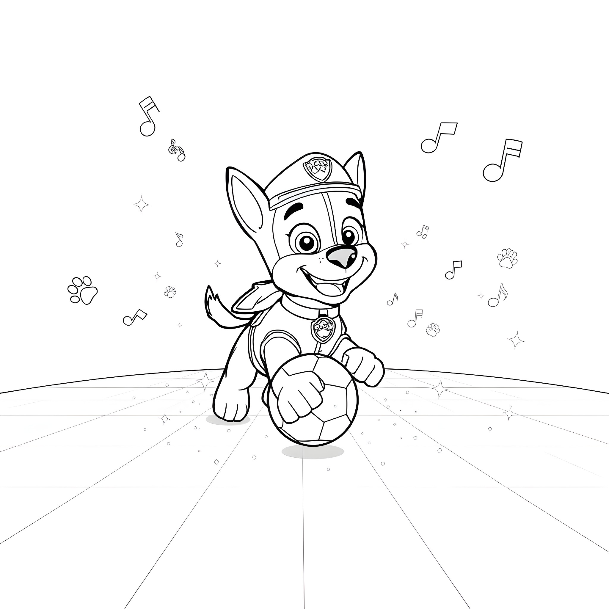 Chase the Pup's Playful Adventure Coloring Page (free black-and-white line drawing printable PDF for all, from beginners to advanced learners, including children, teens, adults, and seniors)