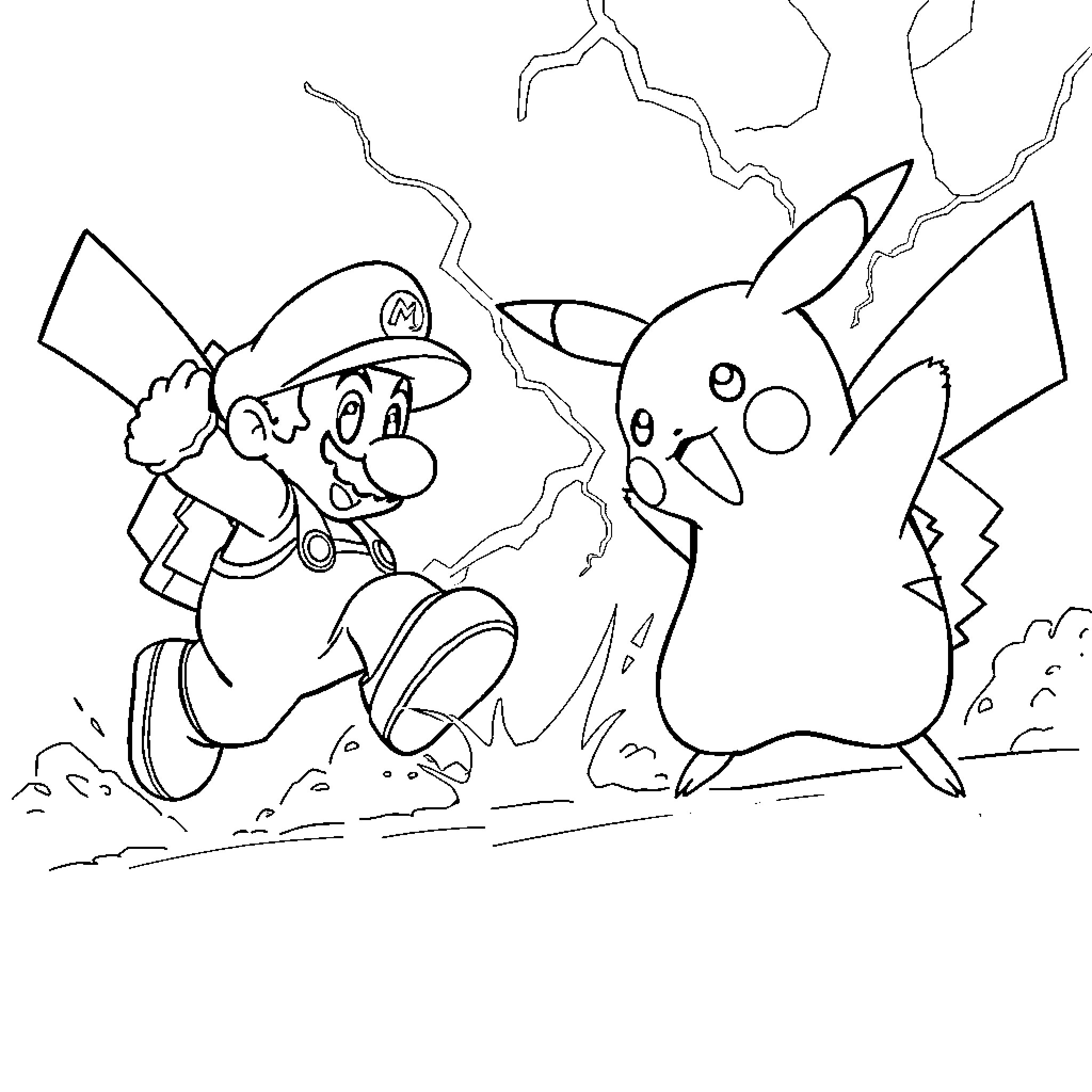 Pikachu and Mario Explore the Enchanted Forest Coloring Page (free black-and-white line drawing printable PDF for all, from beginners to advanced learners, including children, teens, adults, and seniors)