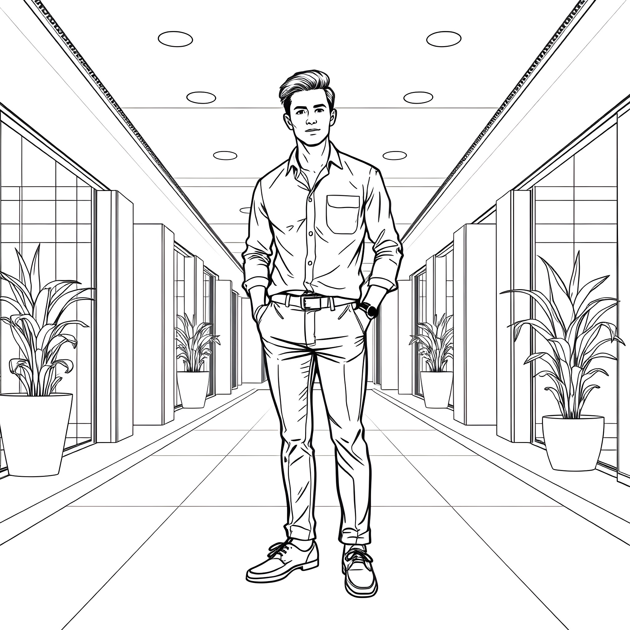 Man standing confidently in modern office hallway Coloring Page (free black-and-white line drawing printable PDF for all, from beginners to advanced learners, including children, teens, adults, and seniors)