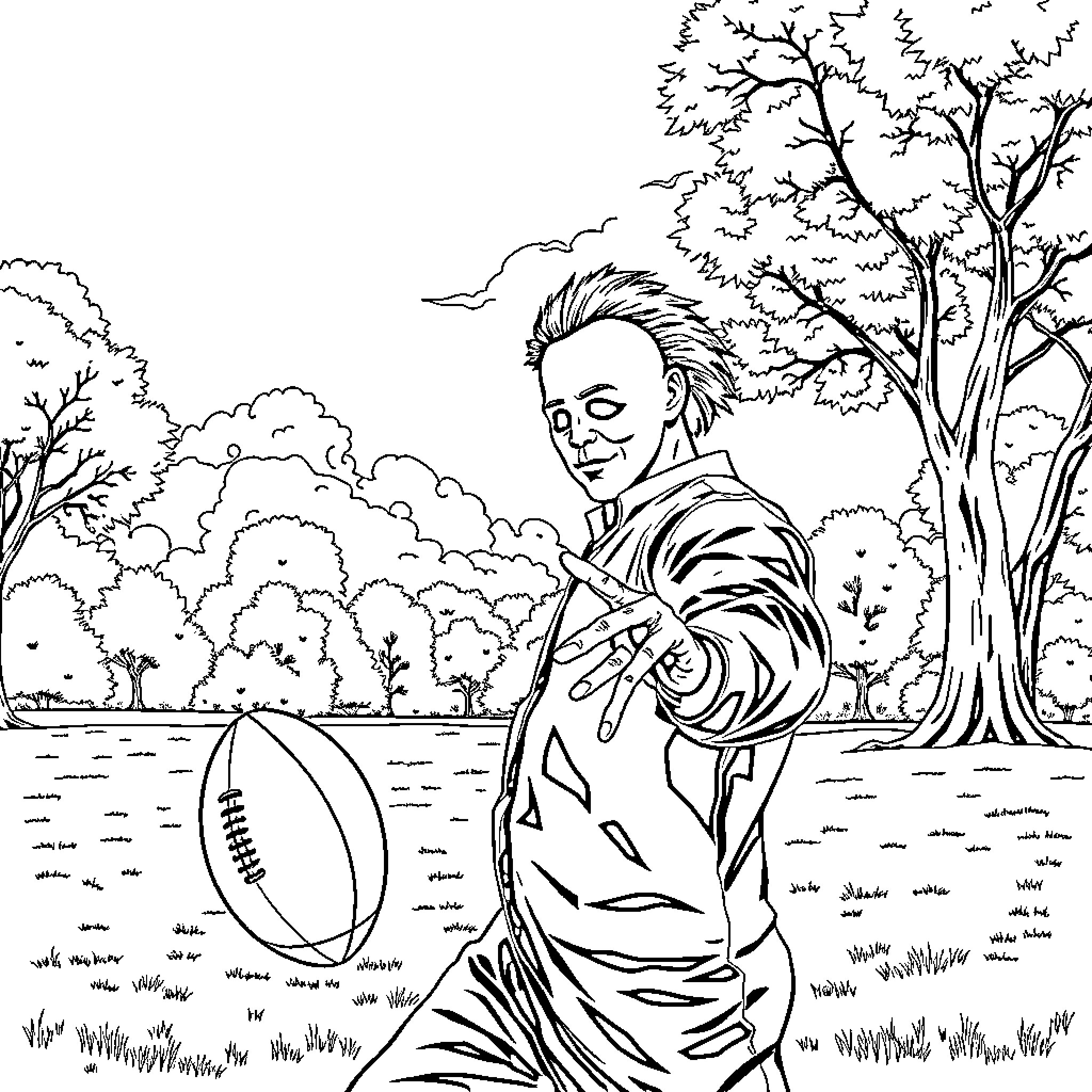 Michael Myers Terrorizes the Outdoor Landscape Coloring Page (free black-and-white line drawing printable PDF for all, from beginners to advanced learners, including children, teens, adults, and seniors)