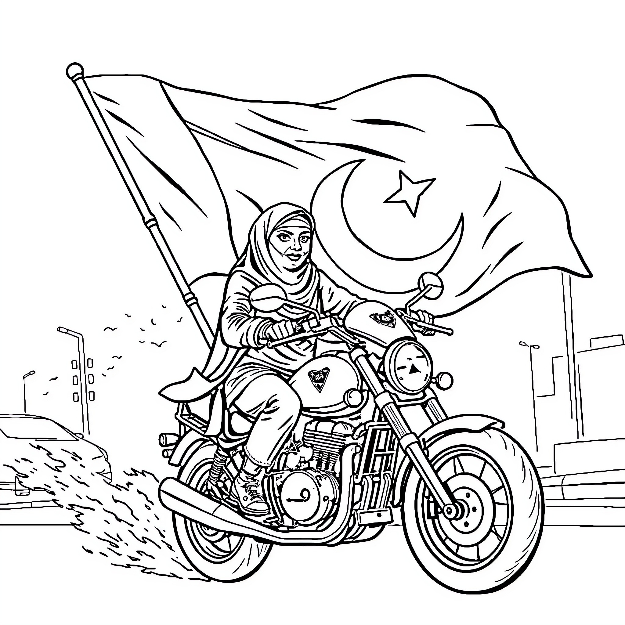 Burqa Avenger riding motorcycle with waving flag Coloring Page (free black-and-white line drawing printable PDF for all, from beginners to advanced learners, including children, teens, adults, and seniors)