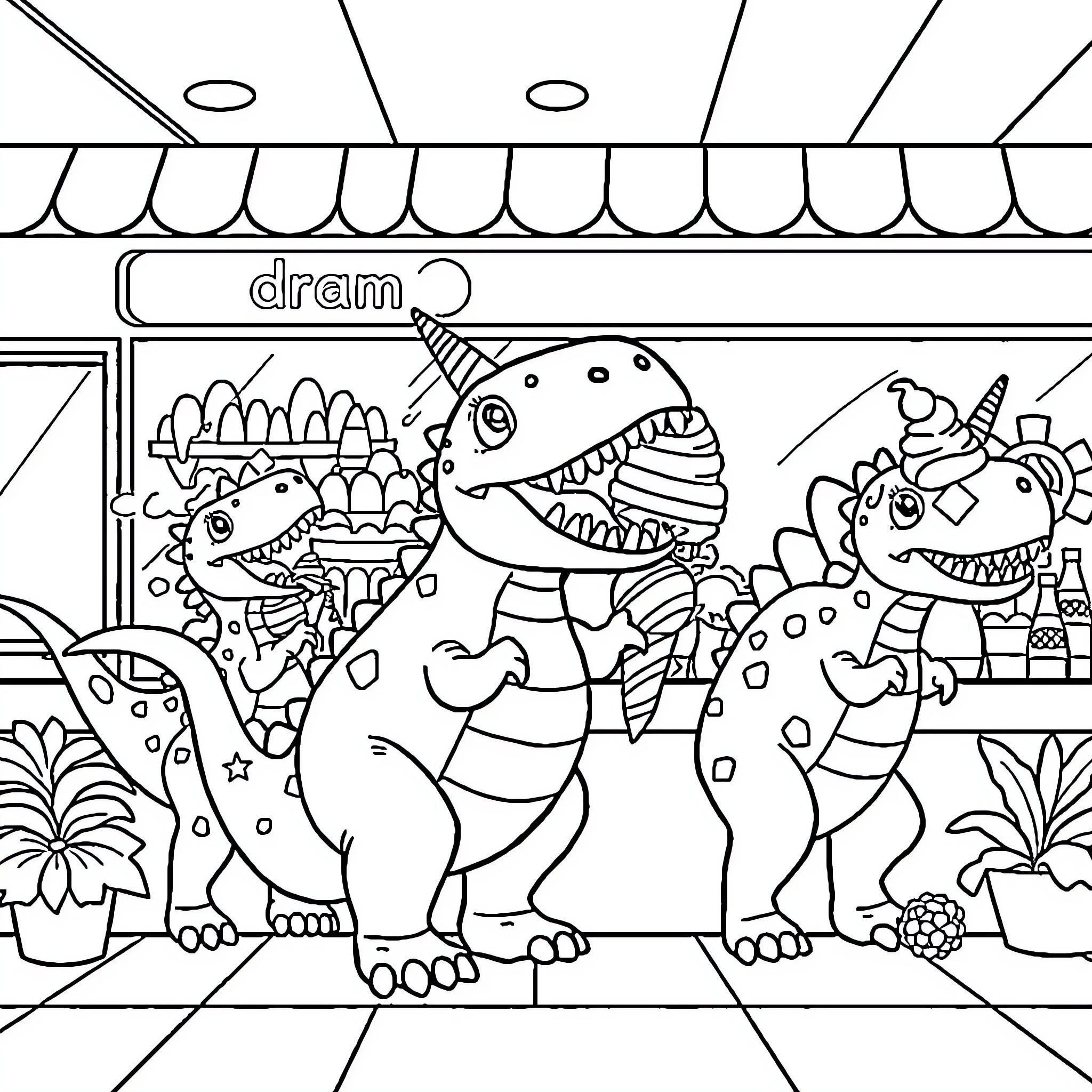 Dinosaurs playing happily in a toy store Coloring Page (free black-and-white line drawing printable PDF for all, from beginners to advanced learners, including children, teens, adults, and seniors)