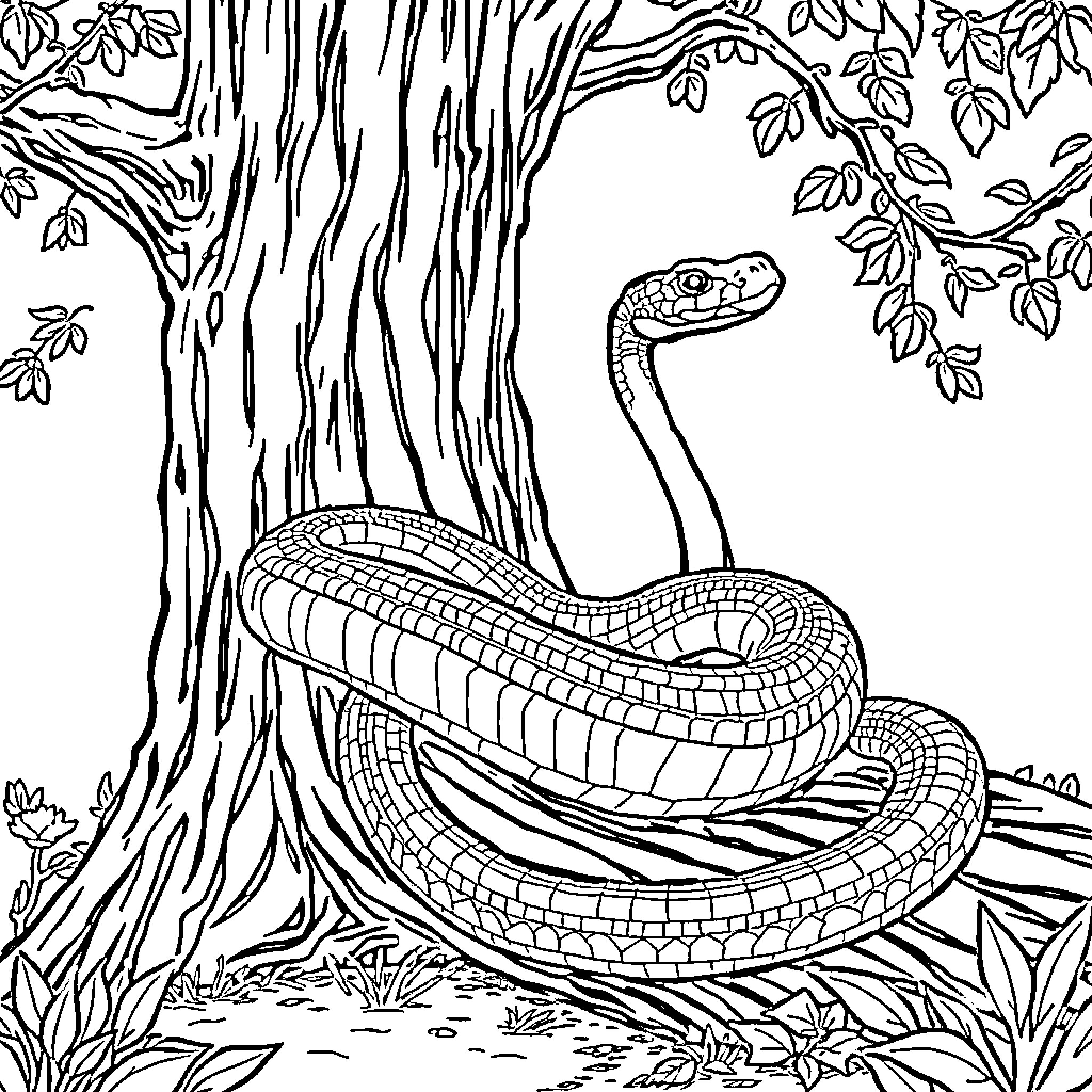 Snake coiled on tree trunk amidst foliage Coloring Page (free black-and-white line drawing printable PDF for all, from beginners to advanced learners, including children, teens, adults, and seniors)