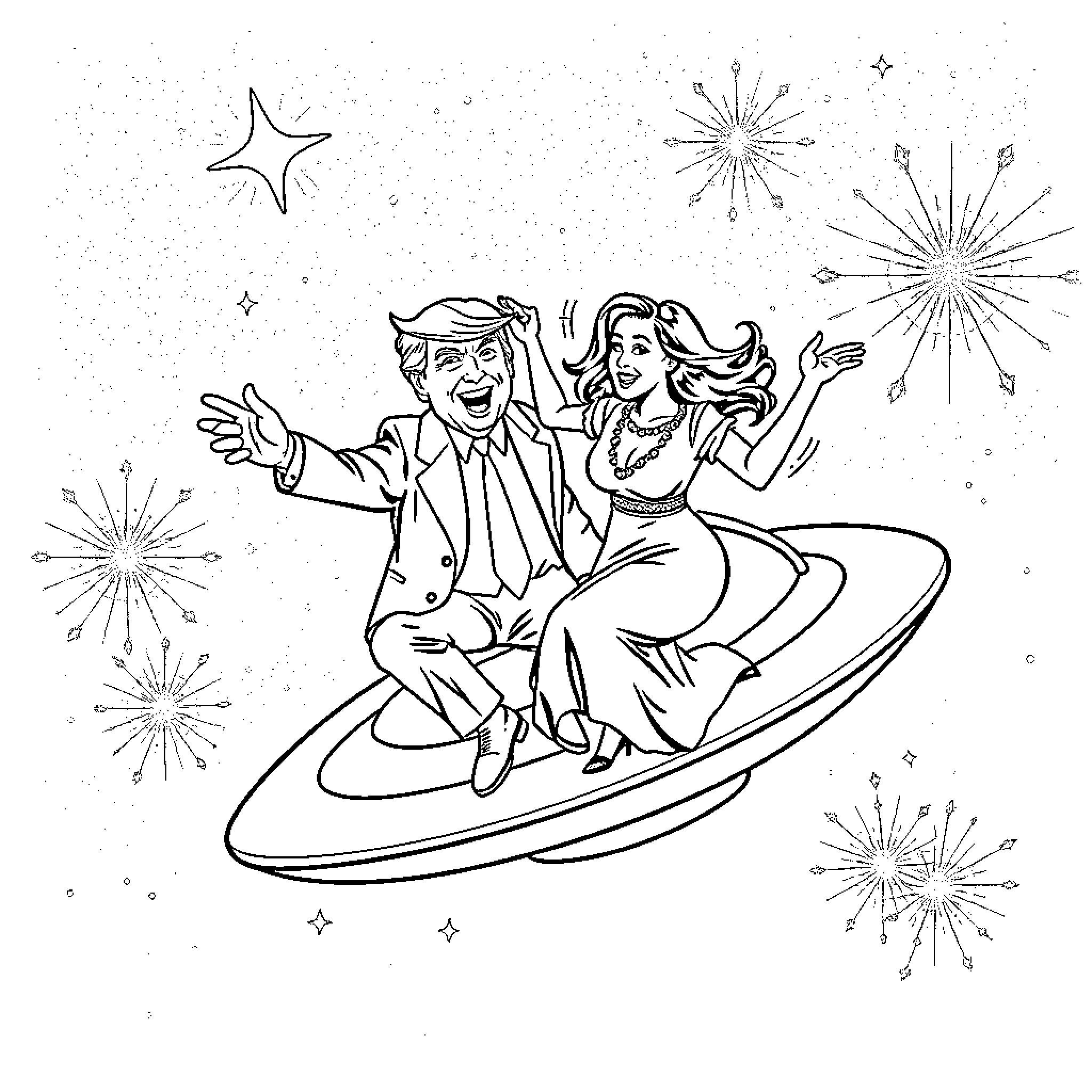 Donald Trump and companion riding a flying saucer among stars Coloring Page (free black-and-white line drawing printable PDF for all, from beginners to advanced learners, including children, teens, adults, and seniors)