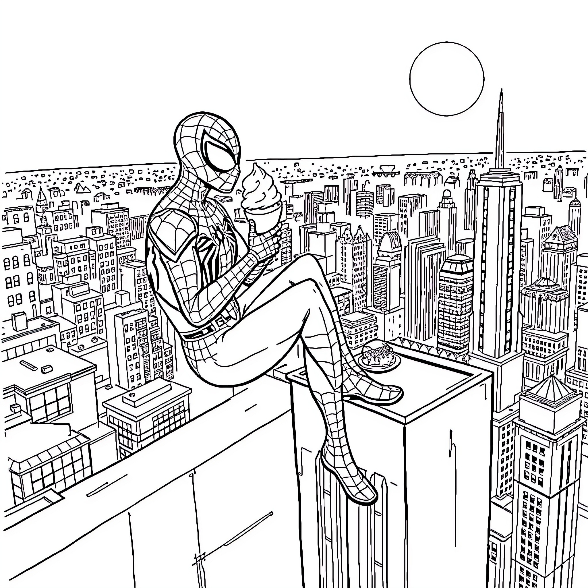 Spider-Man overlooking a cityscape in action pose Coloring Page (free black-and-white line drawing printable PDF for all, from beginners to advanced learners, including children, teens, adults, and seniors)