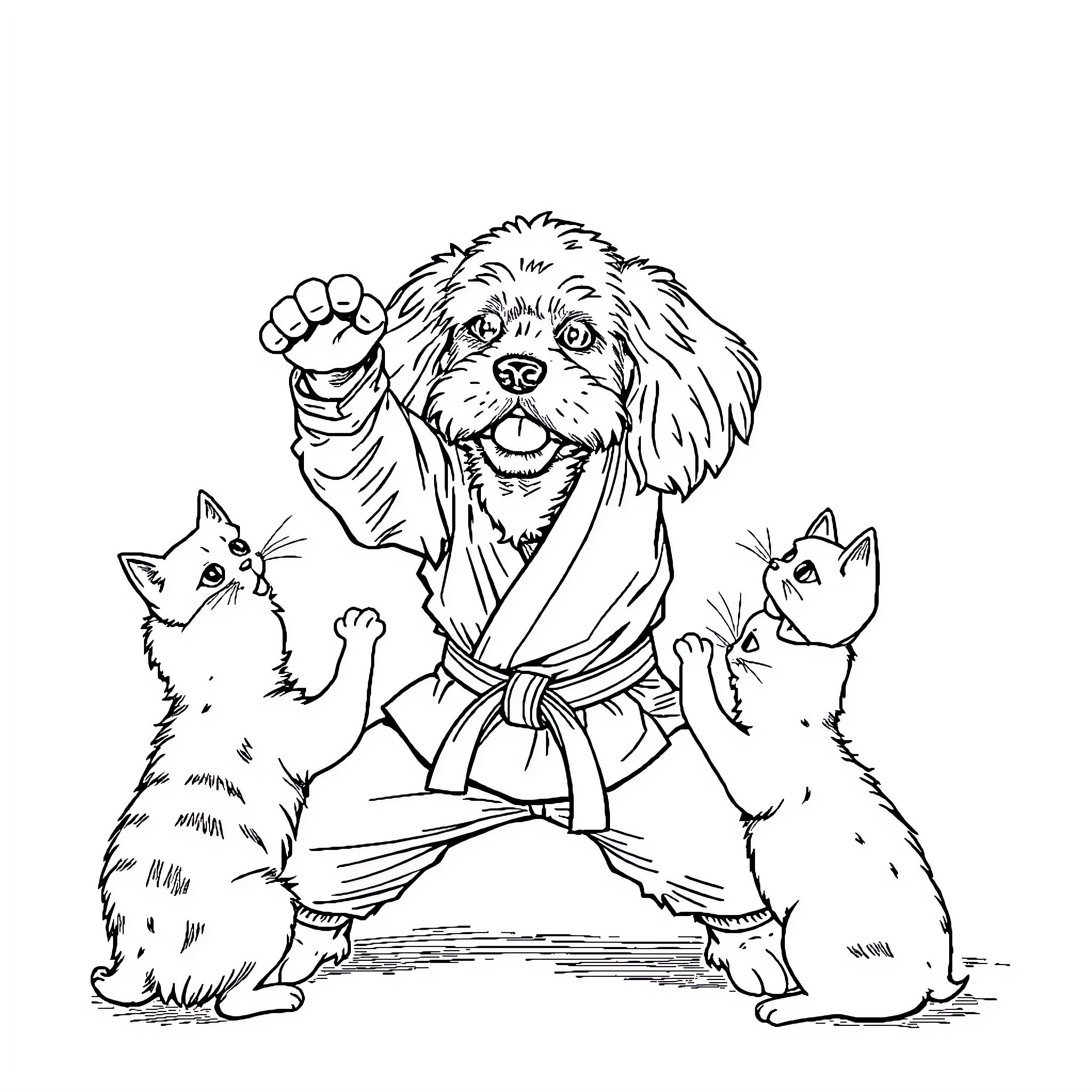 Cocker Spaniel practicing martial arts with kittens Coloring Page (free black-and-white line drawing printable PDF for all, from beginners to advanced learners, including children, teens, adults, and seniors)