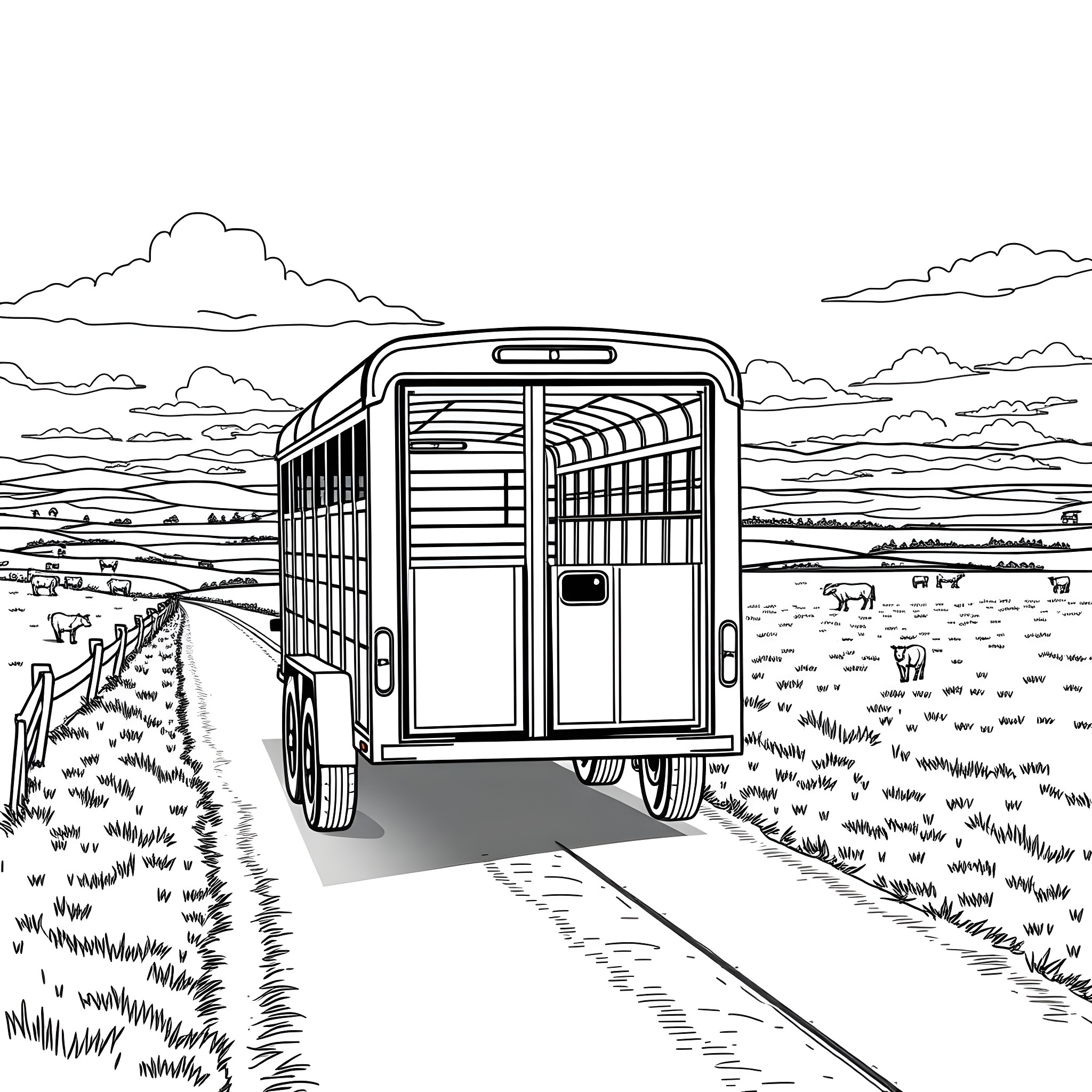 Livestock Trailer Transporting Animals Through Scenic Countryside Coloring Page (free black-and-white line drawing printable PDF for all, from beginners to advanced learners, including children, teens, adults, and seniors)