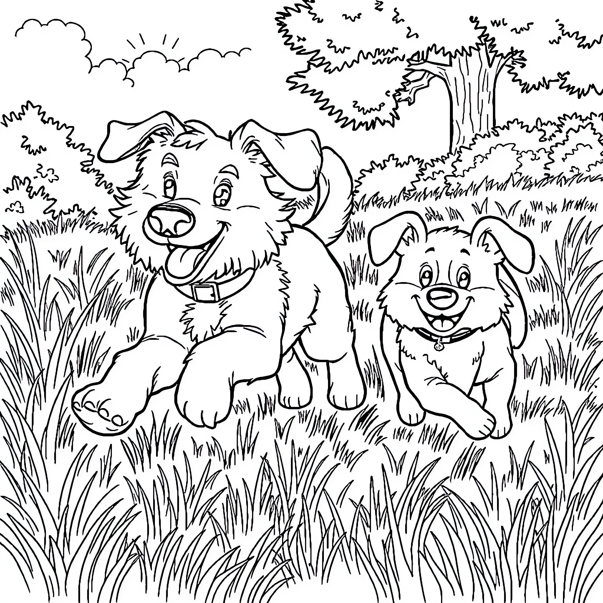 Dog friends playing in the meadow Coloring Page (free black-and-white line drawing printable PDF for all, from beginners to advanced learners, including children, teens, adults, and seniors)