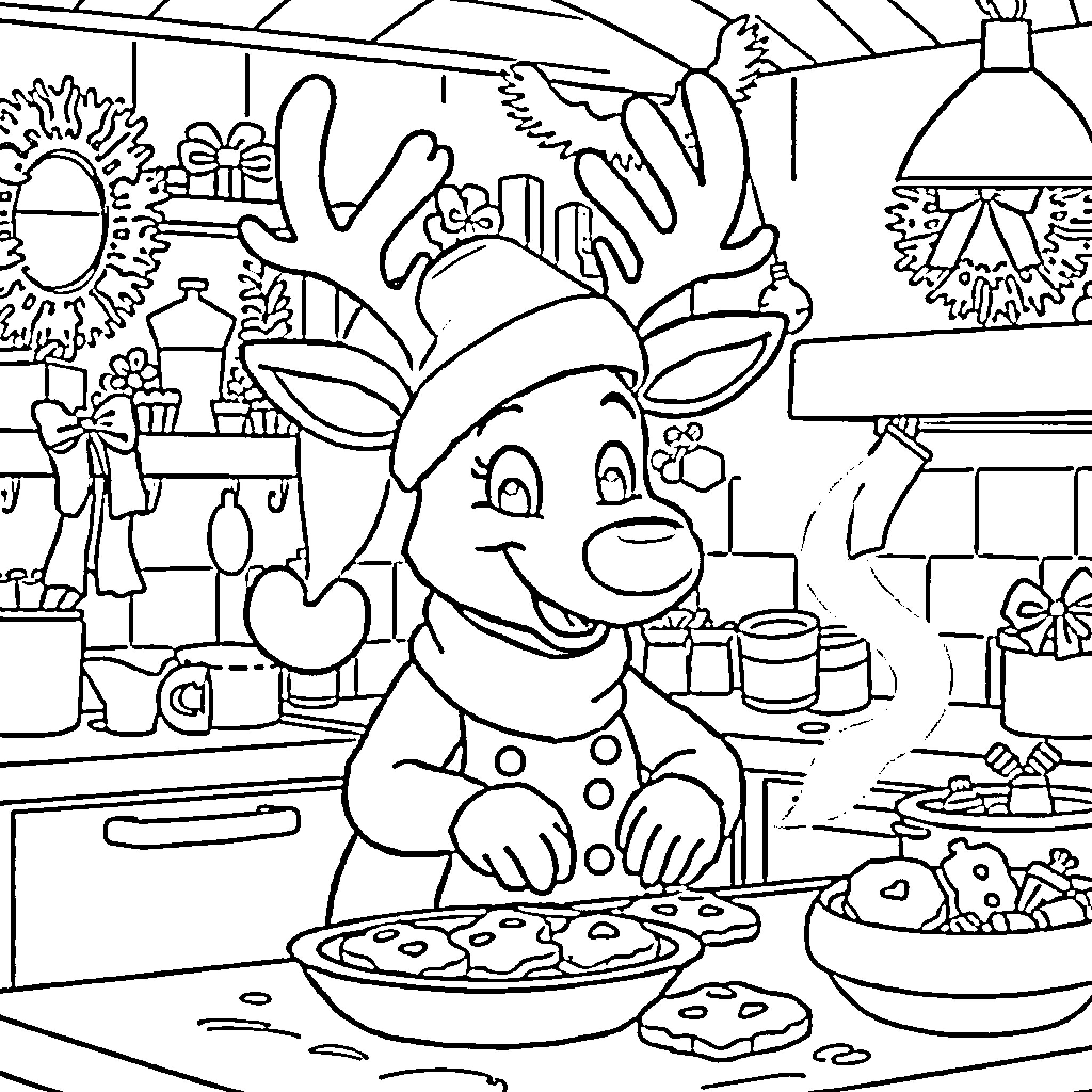 Reindeer Baking Holiday Treats in the Kitchen Coloring Page (free black-and-white line drawing printable PDF for all, from beginners to advanced learners, including children, teens, adults, and seniors)