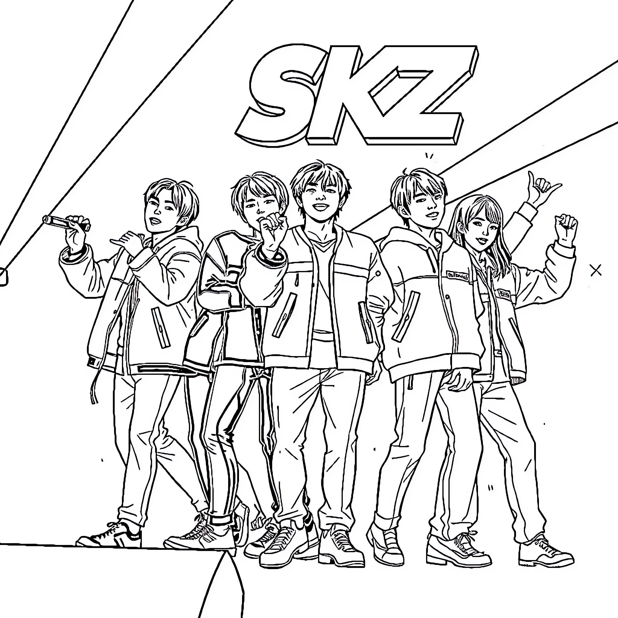 SKZ Band Members Posing Together Coloring Page (free black-and-white line drawing printable PDF for all, from beginners to advanced learners, including children, teens, adults, and seniors)