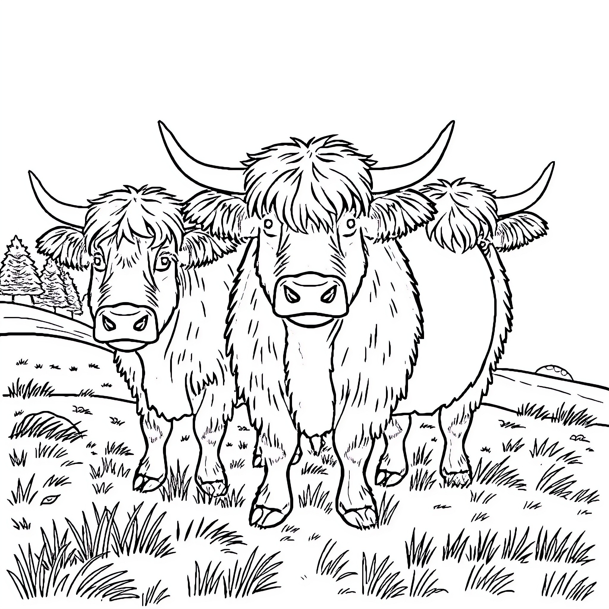 Highland Cow exploring the countryside Coloring Page (free black-and-white line drawing printable PDF for all, from beginners to advanced learners, including children, teens, adults, and seniors)