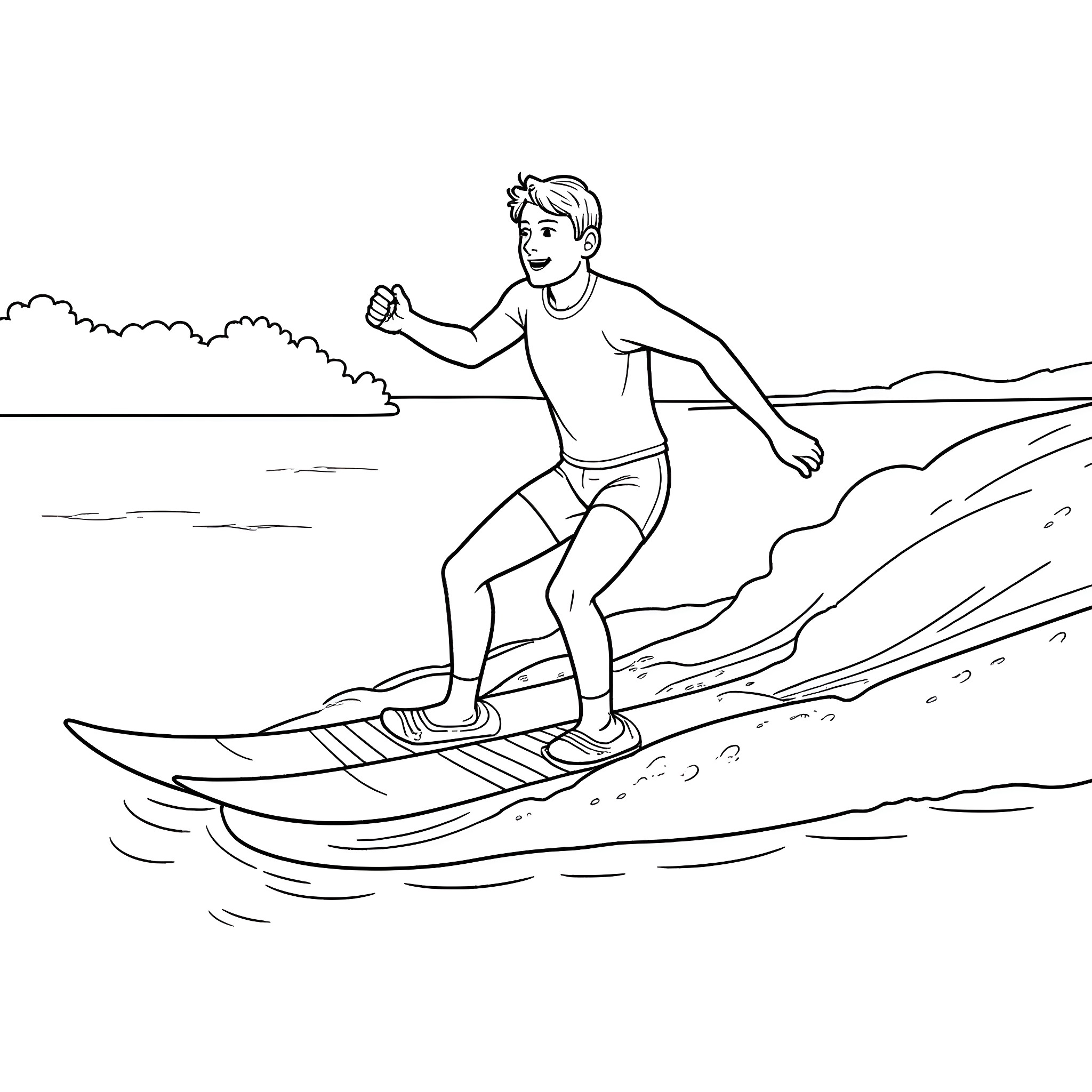 Bob surfing happily in the ocean Coloring Page (free black-and-white line drawing printable PDF for all, from beginners to advanced learners, including children, teens, adults, and seniors)