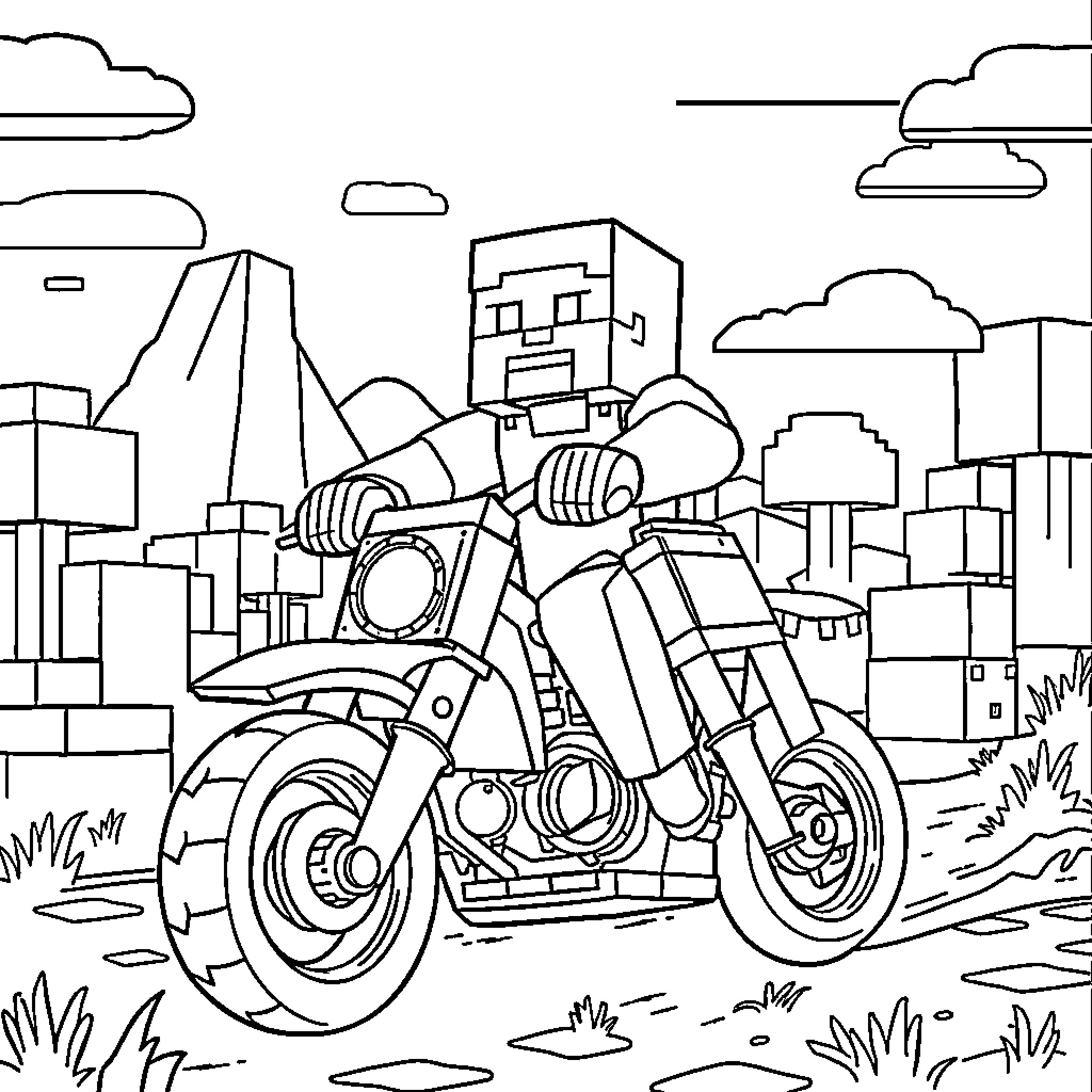 Minecraft Moto Rider on Motorcycle in the City Coloring Page (free black-and-white line drawing printable PDF for all, from beginners to advanced learners, including children, teens, adults, and seniors)