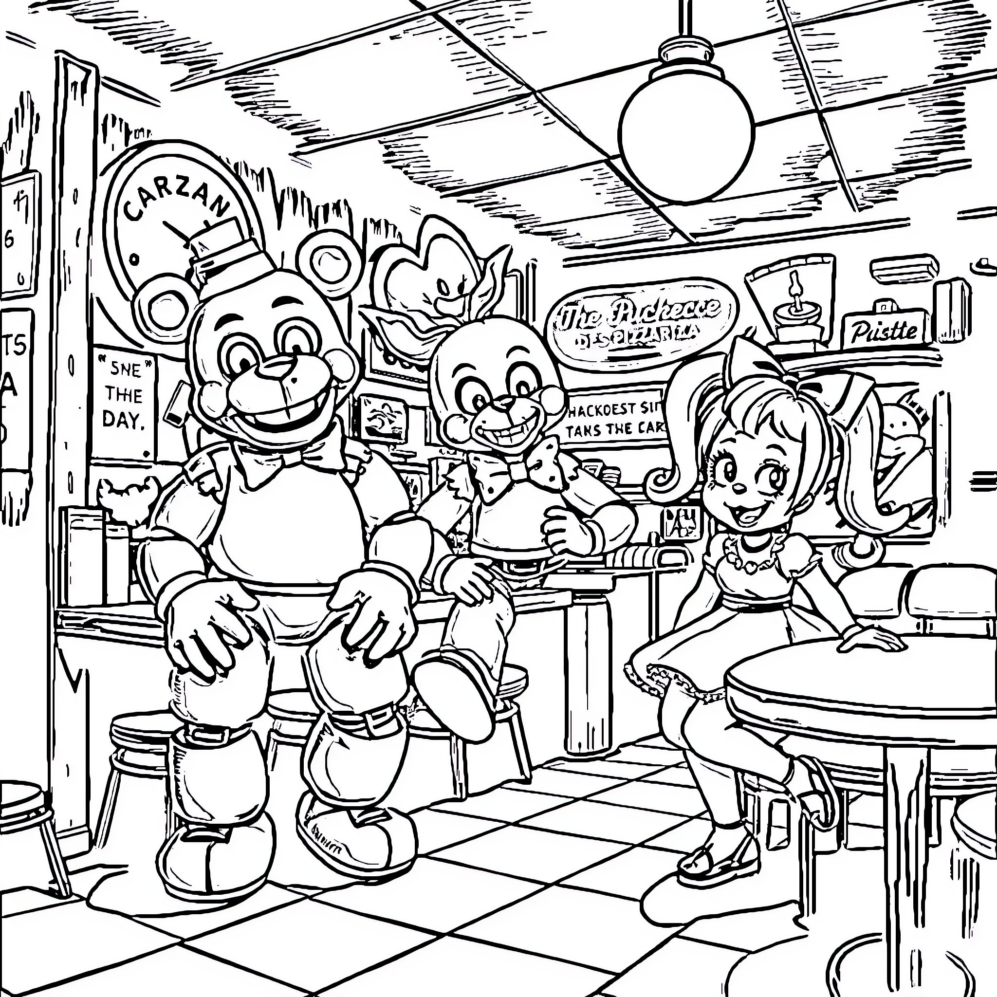 FNAF Characters in a Diner Scene Coloring Page (free black-and-white line drawing printable PDF for all, from beginners to advanced learners, including children, teens, adults, and seniors)