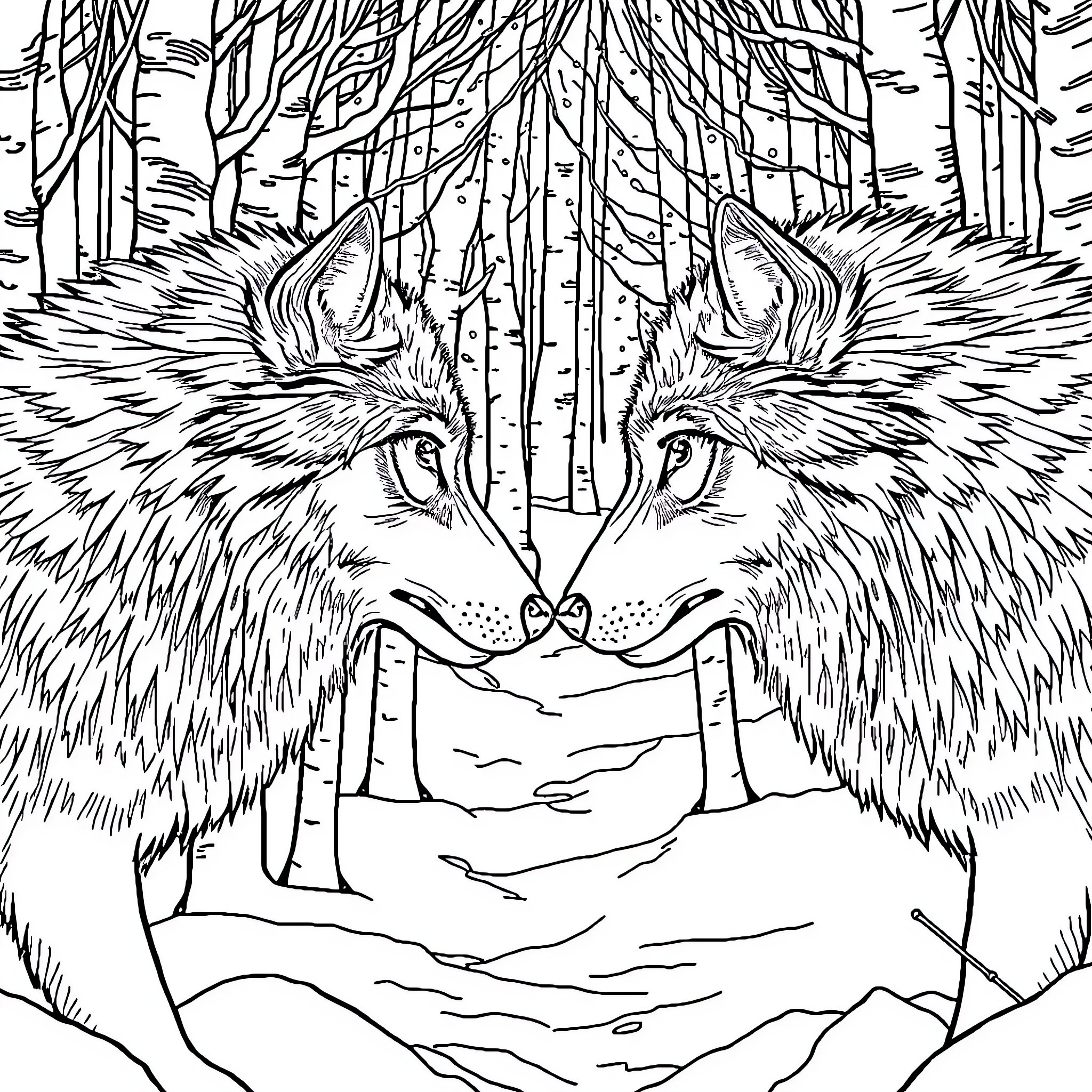 Wolf Gazing Intently in Enchanted Forest Coloring Page (free black-and-white line drawing printable PDF for all, from beginners to advanced learners, including children, teens, adults, and seniors)