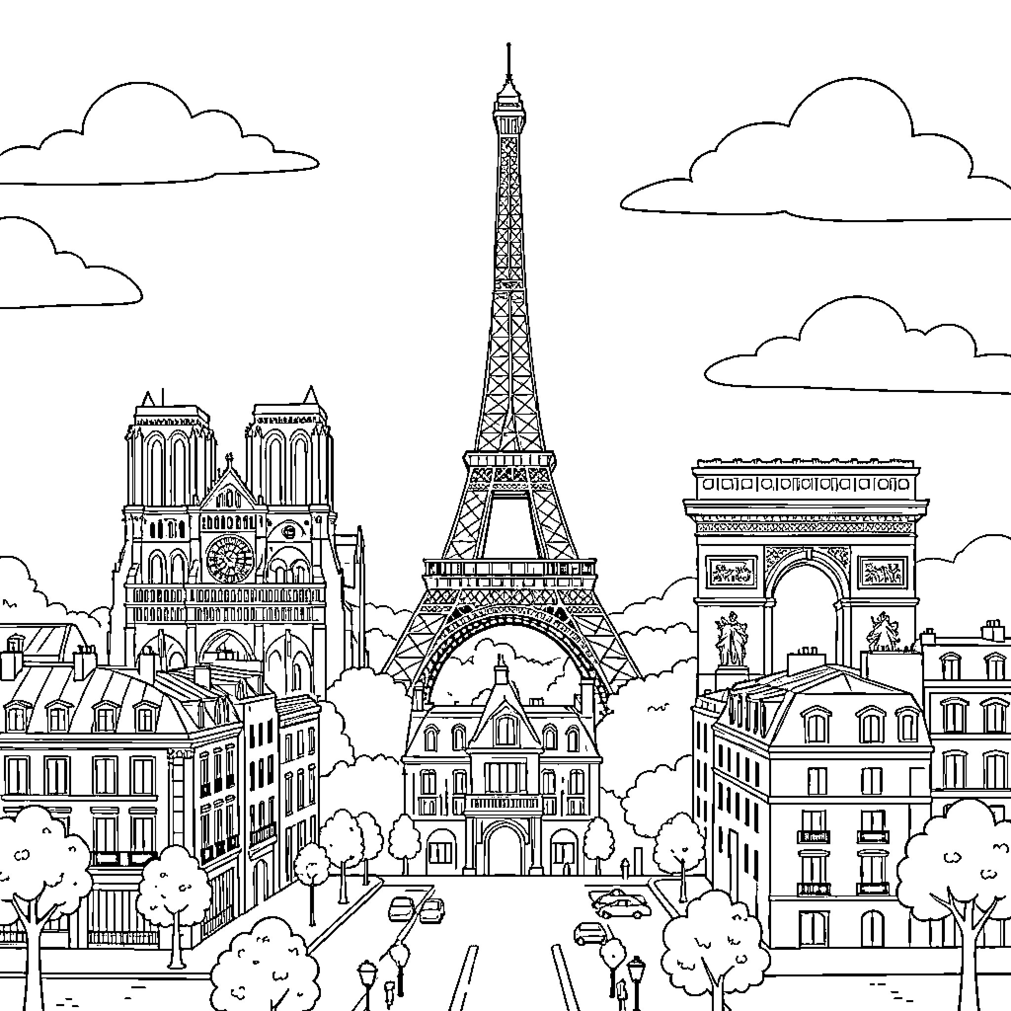 Paris skyline featuring iconic landmarks and city buildings Coloring Page (free black-and-white line drawing printable PDF for all, from beginners to advanced learners, including children, teens, adults, and seniors)