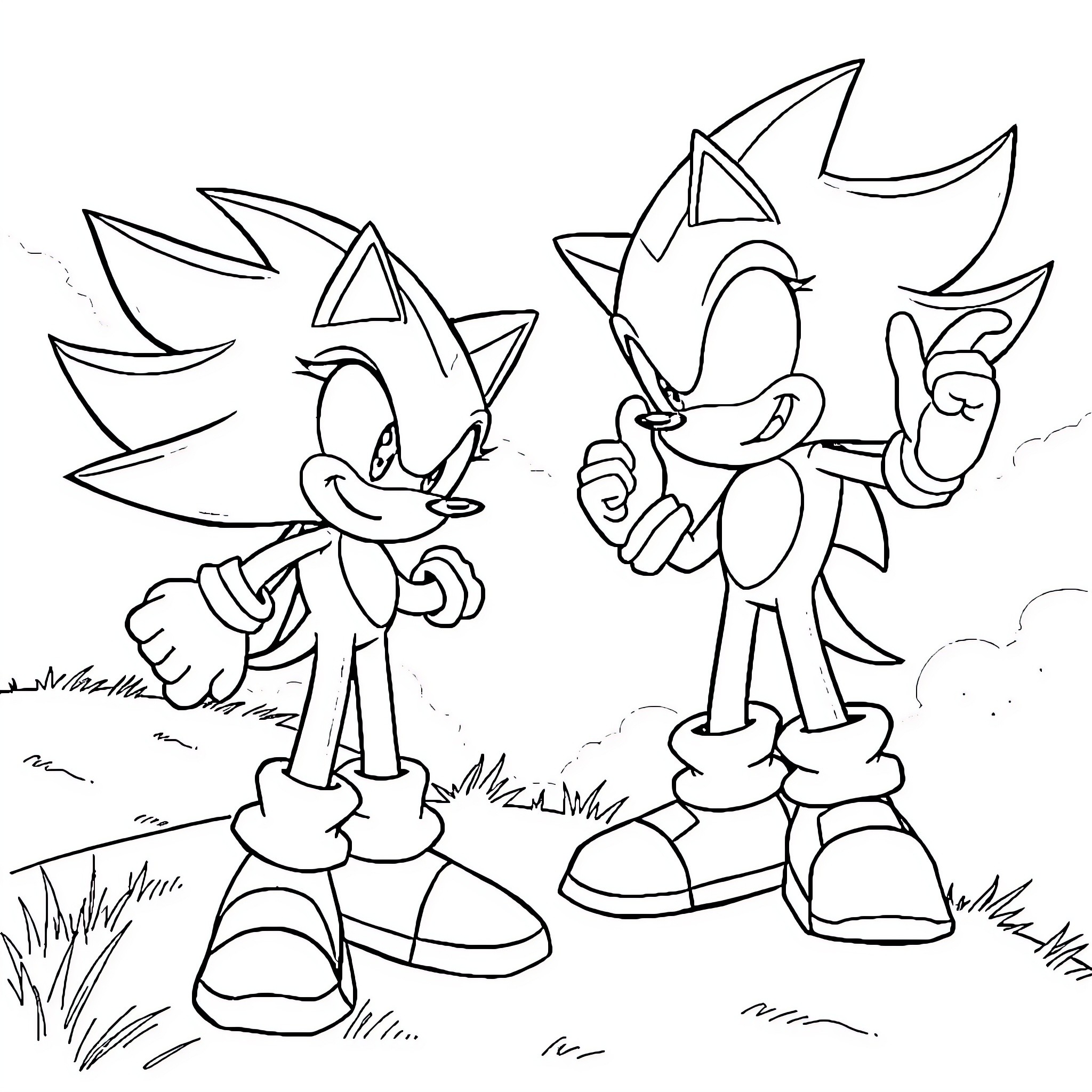 Sonic characters running and posing in nature Coloring Page (free black-and-white line drawing printable PDF for all, from beginners to advanced learners, including children, teens, adults, and seniors)