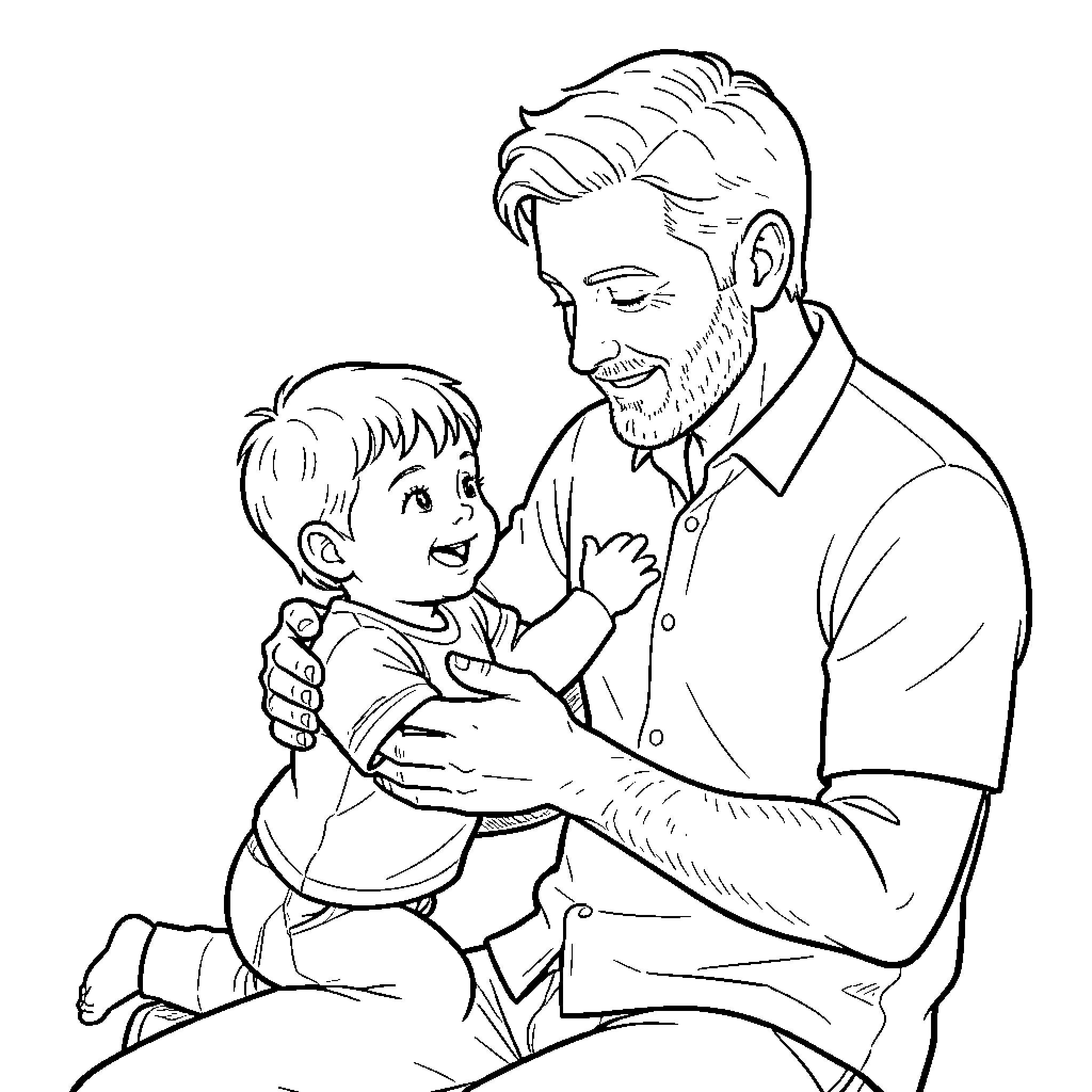 Daddy smiling and playing with his happy baby Coloring Page (free black-and-white line drawing printable PDF for all, from beginners to advanced learners, including children, teens, adults, and seniors)