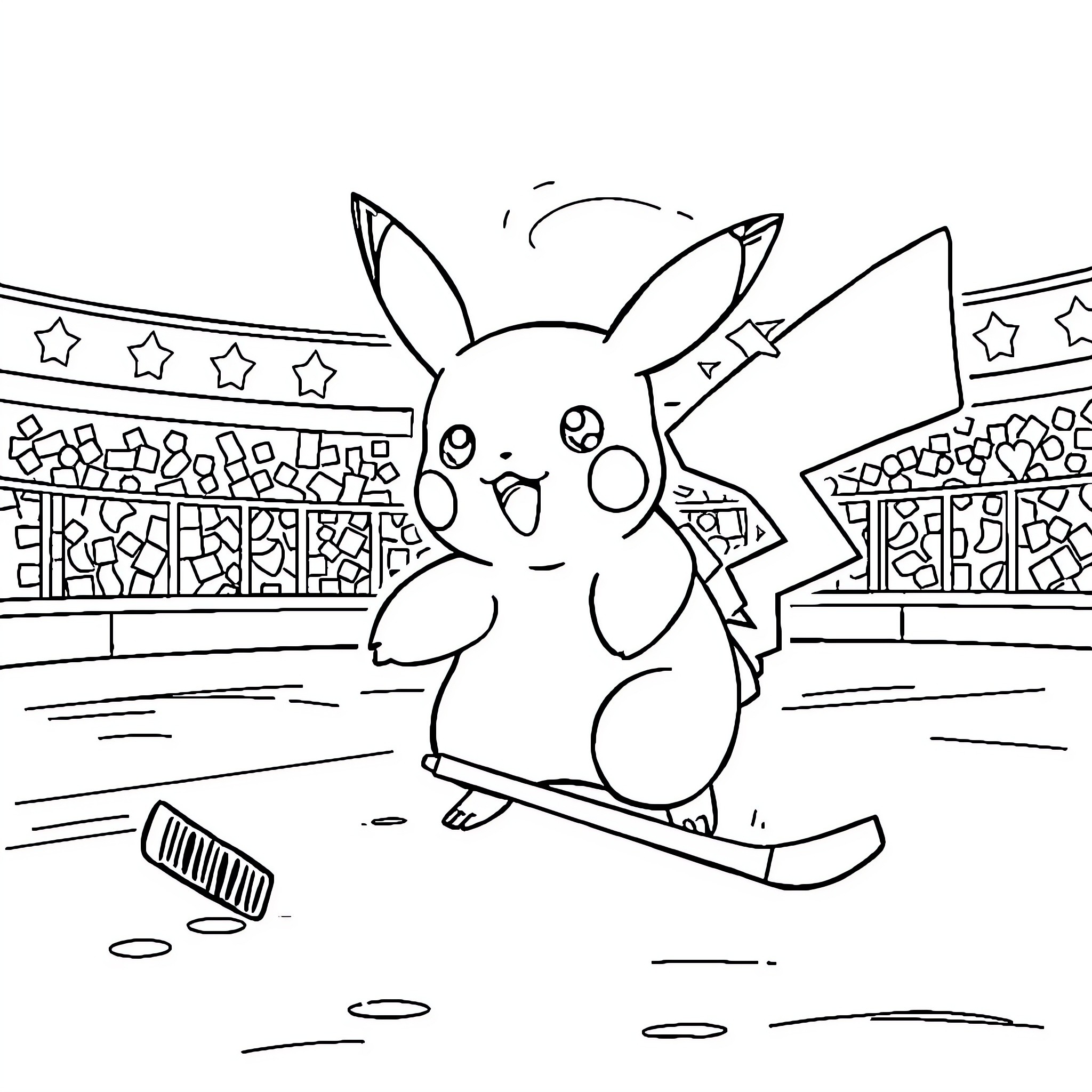 Pikachu skateboarding in a lively stadium Coloring Page (free black-and-white line drawing printable PDF for all, from beginners to advanced learners, including children, teens, adults, and seniors)