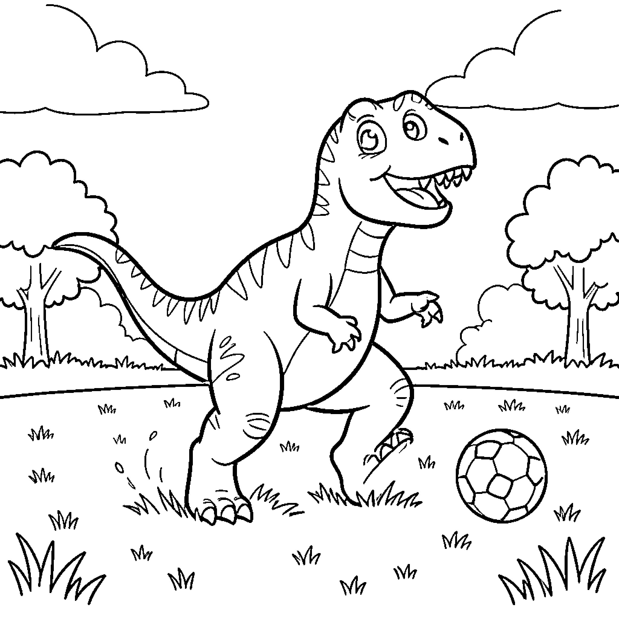 Dinosaur happily playing soccer in a grassy field Coloring Page (free black-and-white line drawing printable PDF for all, from beginners to advanced learners, including children, teens, adults, and seniors)