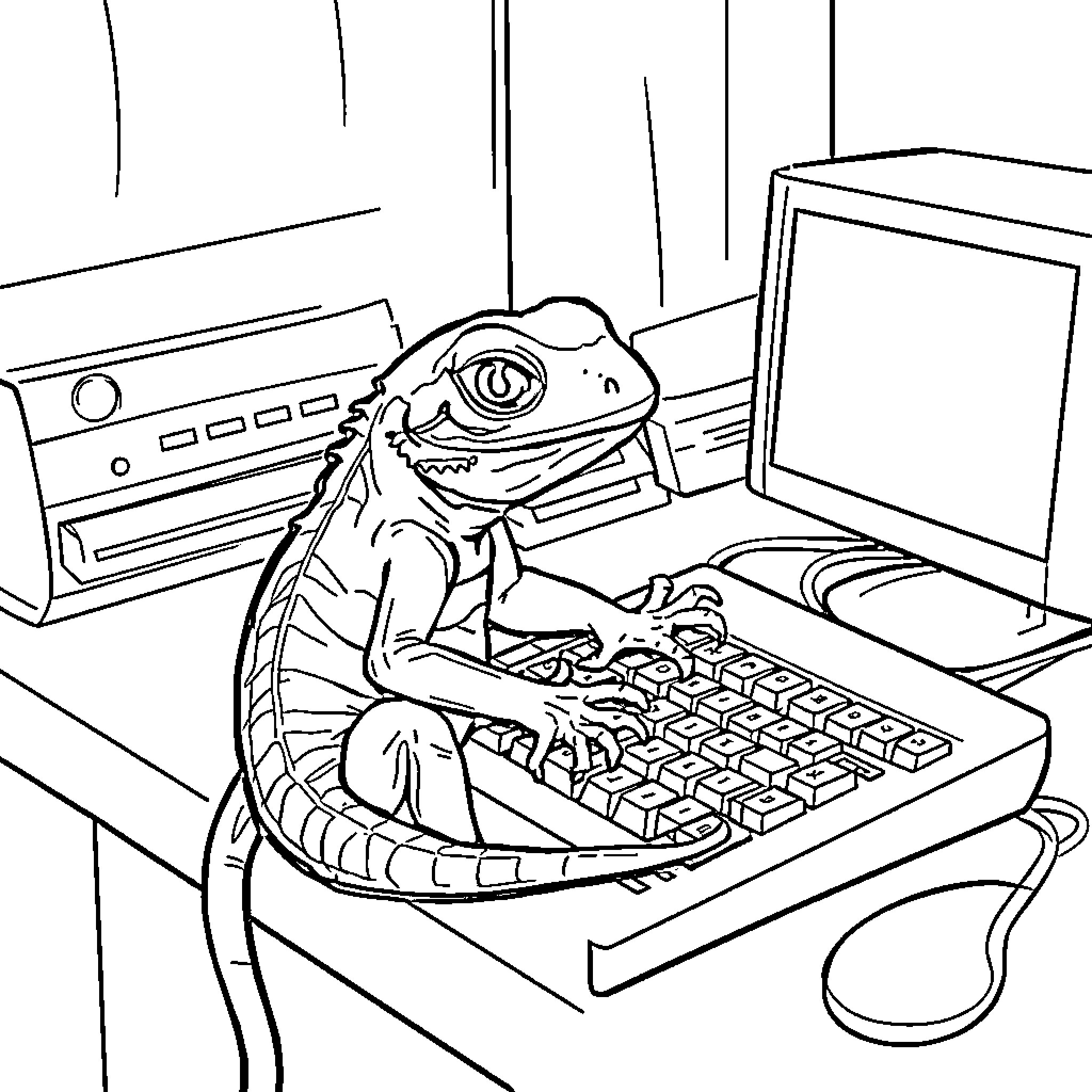 Lizard typing on a computer keyboard Coloring Page (free black-and-white line drawing printable PDF for all, from beginners to advanced learners, including children, teens, adults, and seniors)