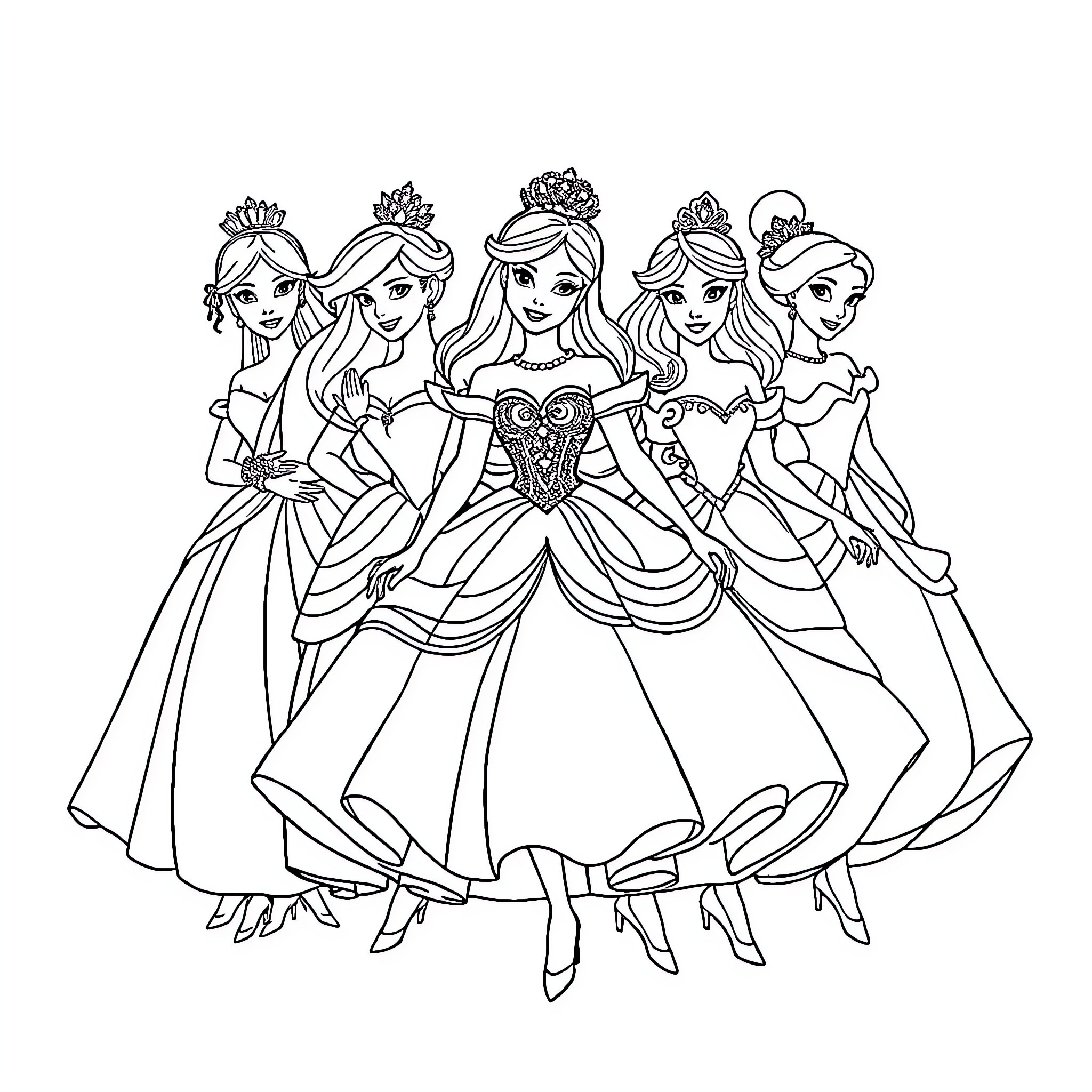 Disney Princess Elegant Group Portrait Coloring Page (free black-and-white line drawing printable PDF for all, from beginners to advanced learners, including children, teens, adults, and seniors)